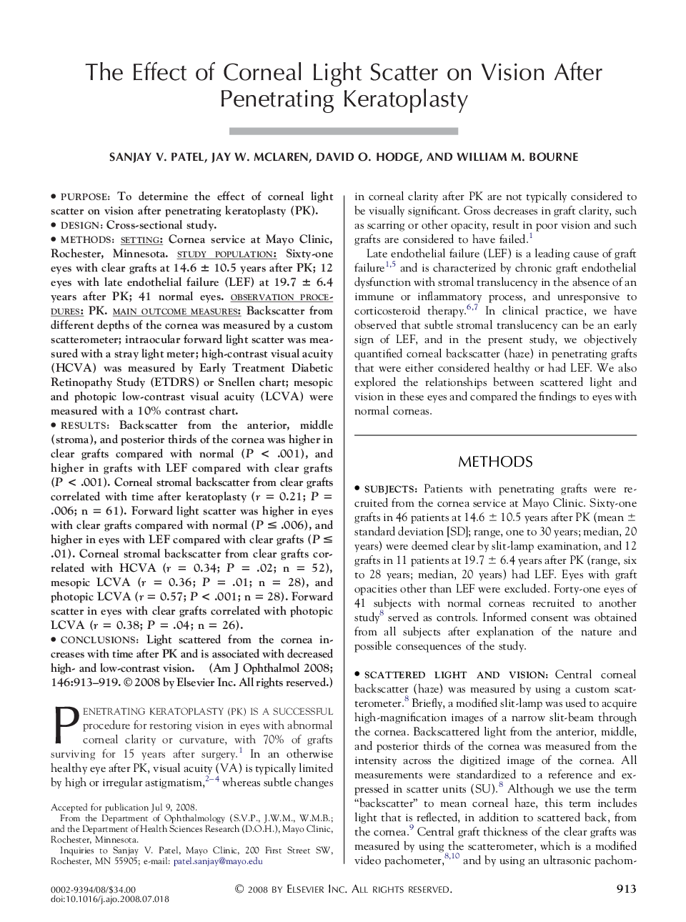 The Effect of Corneal Light Scatter on Vision After Penetrating Keratoplasty