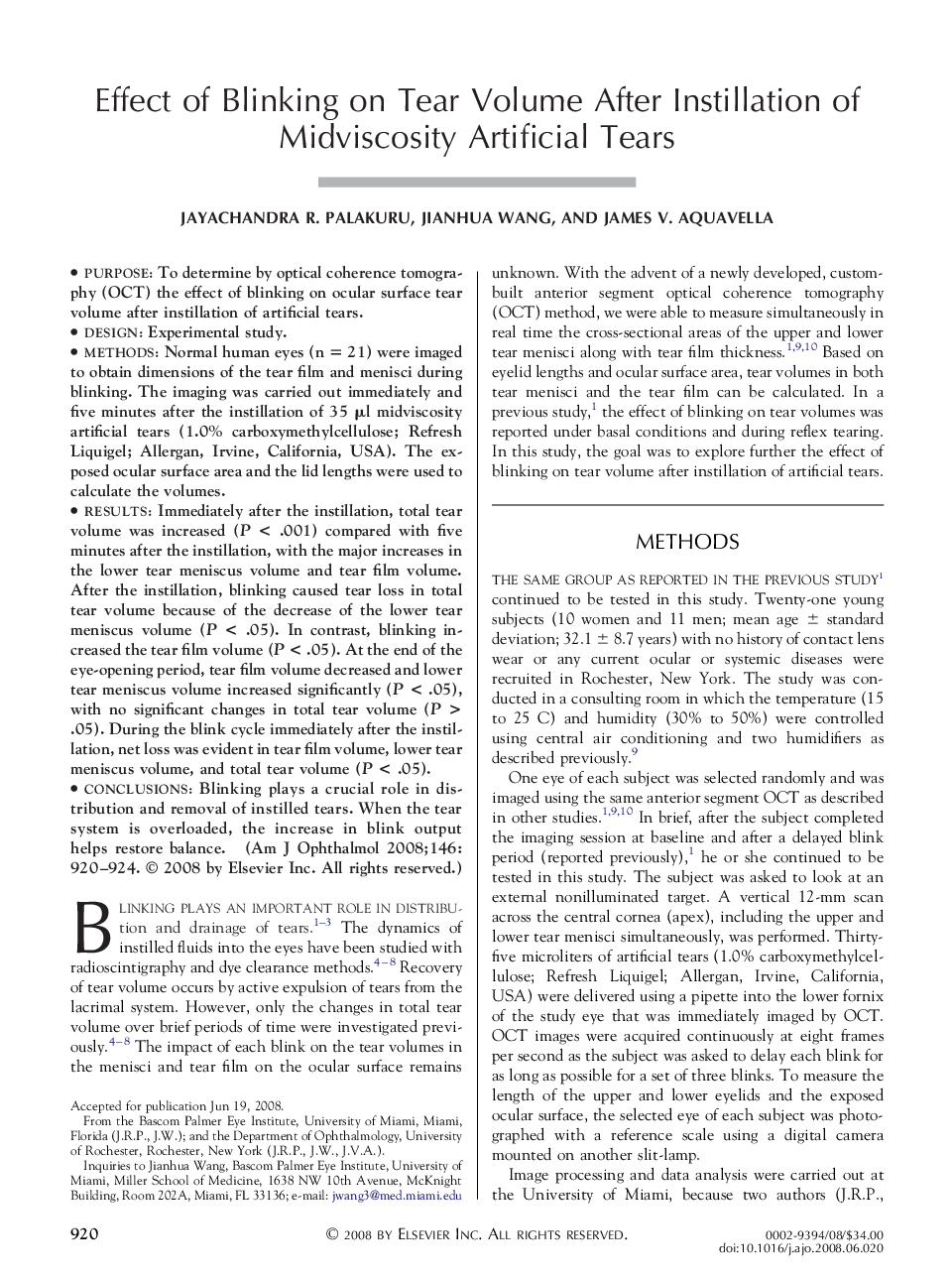 Effect of Blinking on Tear Volume After Instillation of Midviscosity Artificial Tears