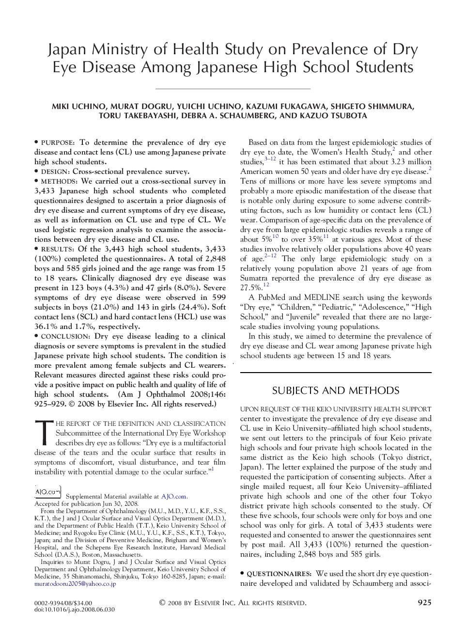 Japan Ministry of Health Study on Prevalence of Dry Eye Disease Among Japanese High School Students
