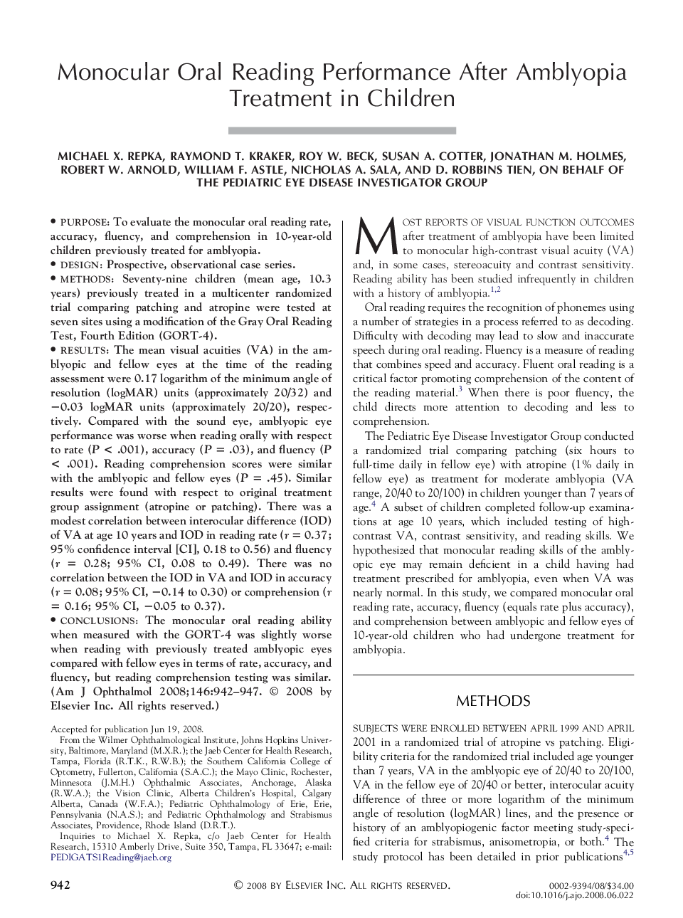 Monocular Oral Reading Performance After Amblyopia Treatment in Children