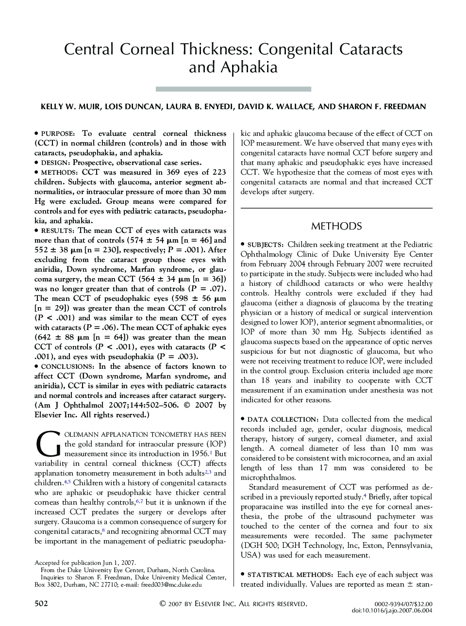 Central Corneal Thickness: Congenital Cataracts and Aphakia