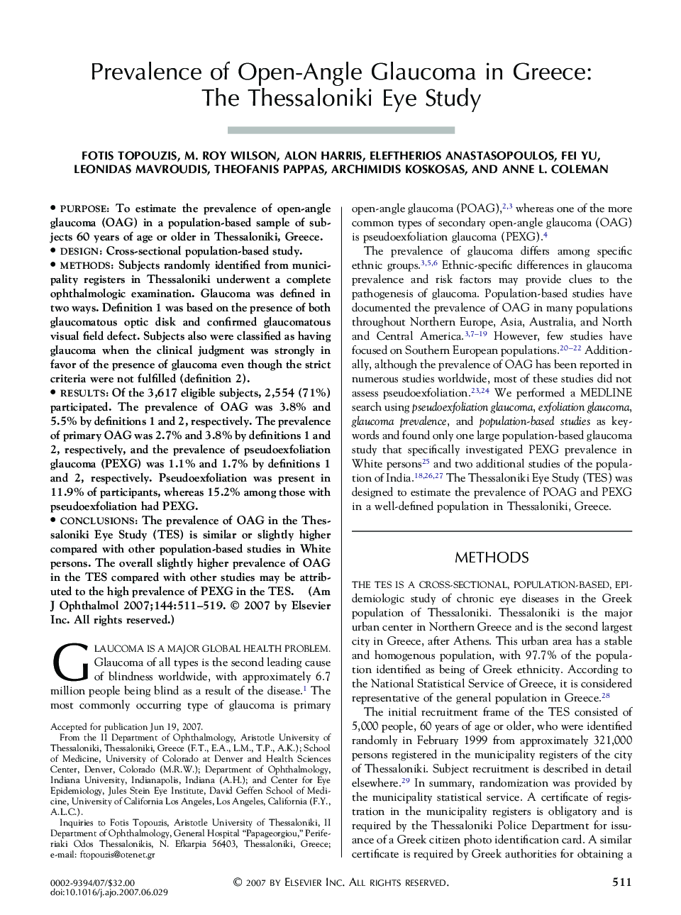 Prevalence of Open-Angle Glaucoma in Greece: The Thessaloniki Eye Study