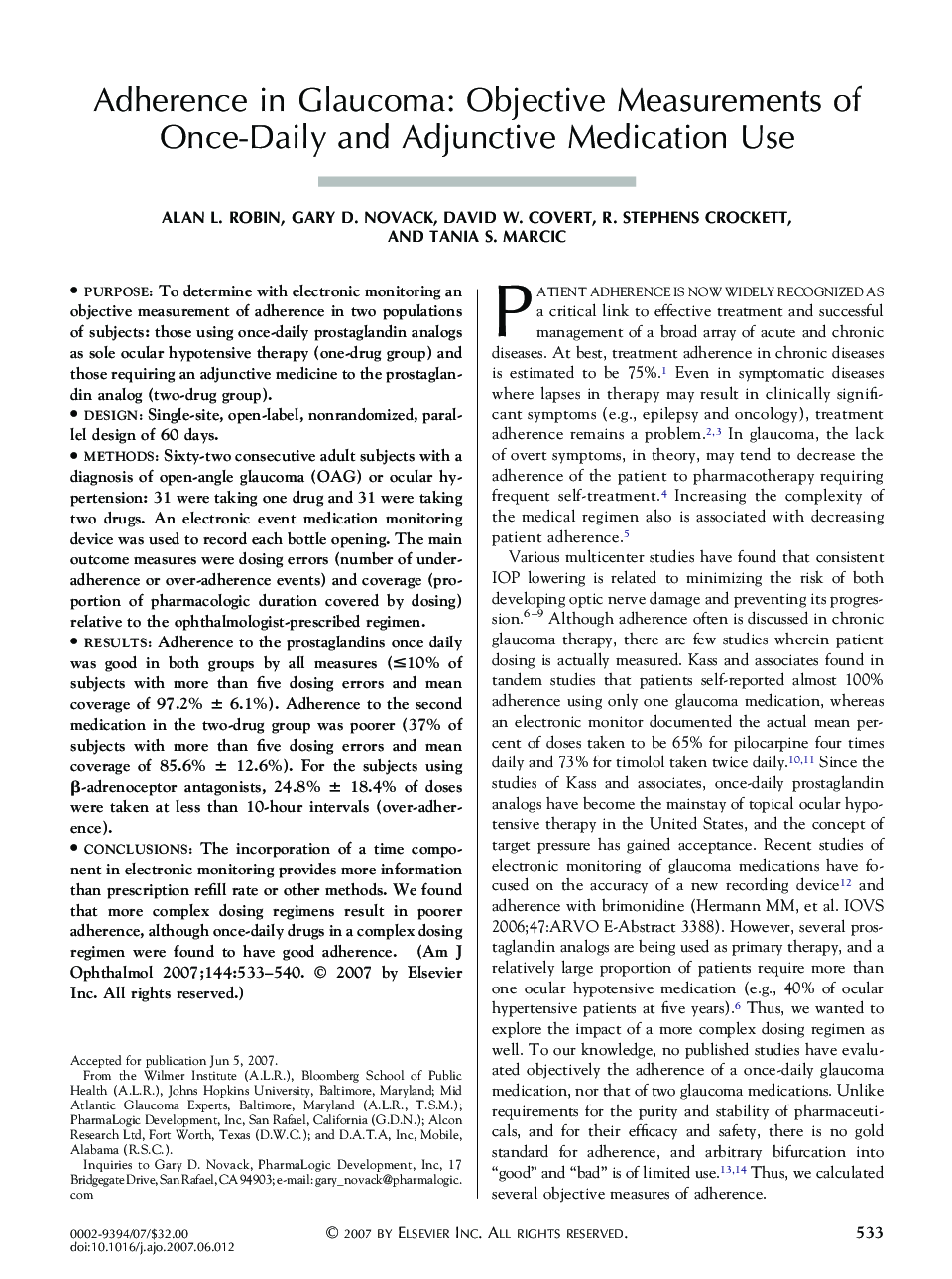 Adherence in Glaucoma: Objective Measurements of Once-Daily and Adjunctive Medication Use