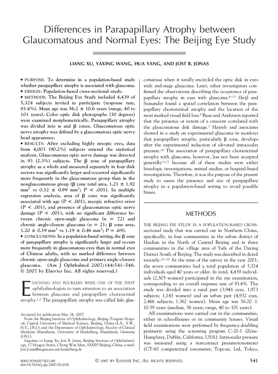 Differences in Parapapillary Atrophy between Glaucomatous and Normal Eyes: The Beijing Eye Study