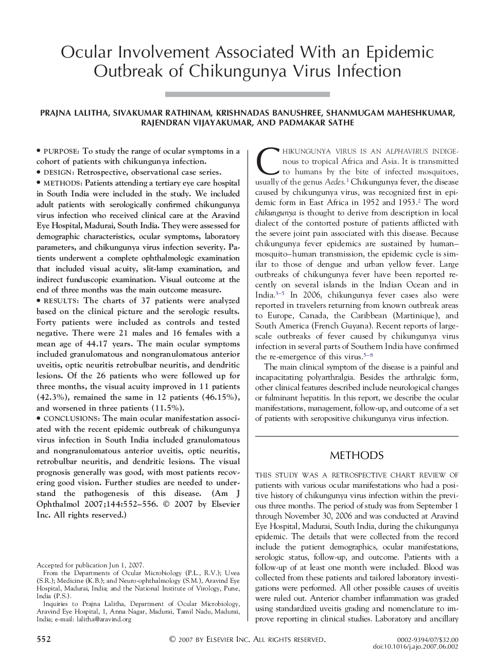 Ocular Involvement Associated With an Epidemic Outbreak of Chikungunya Virus Infection