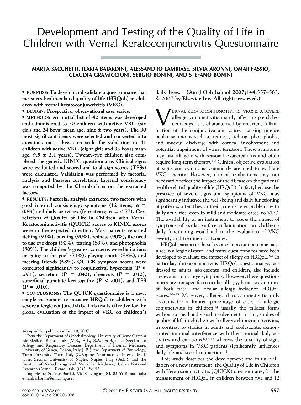 Development and Testing of the Quality of Life in Children with Vernal Keratoconjunctivitis Questionnaire