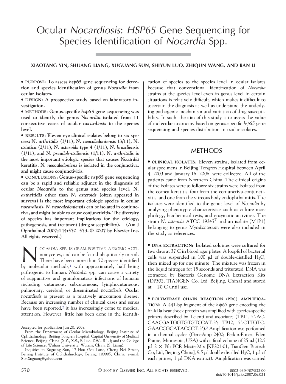 Ocular Nocardiosis: HSP65 Gene Sequencing for Species Identification of Nocardia Spp.