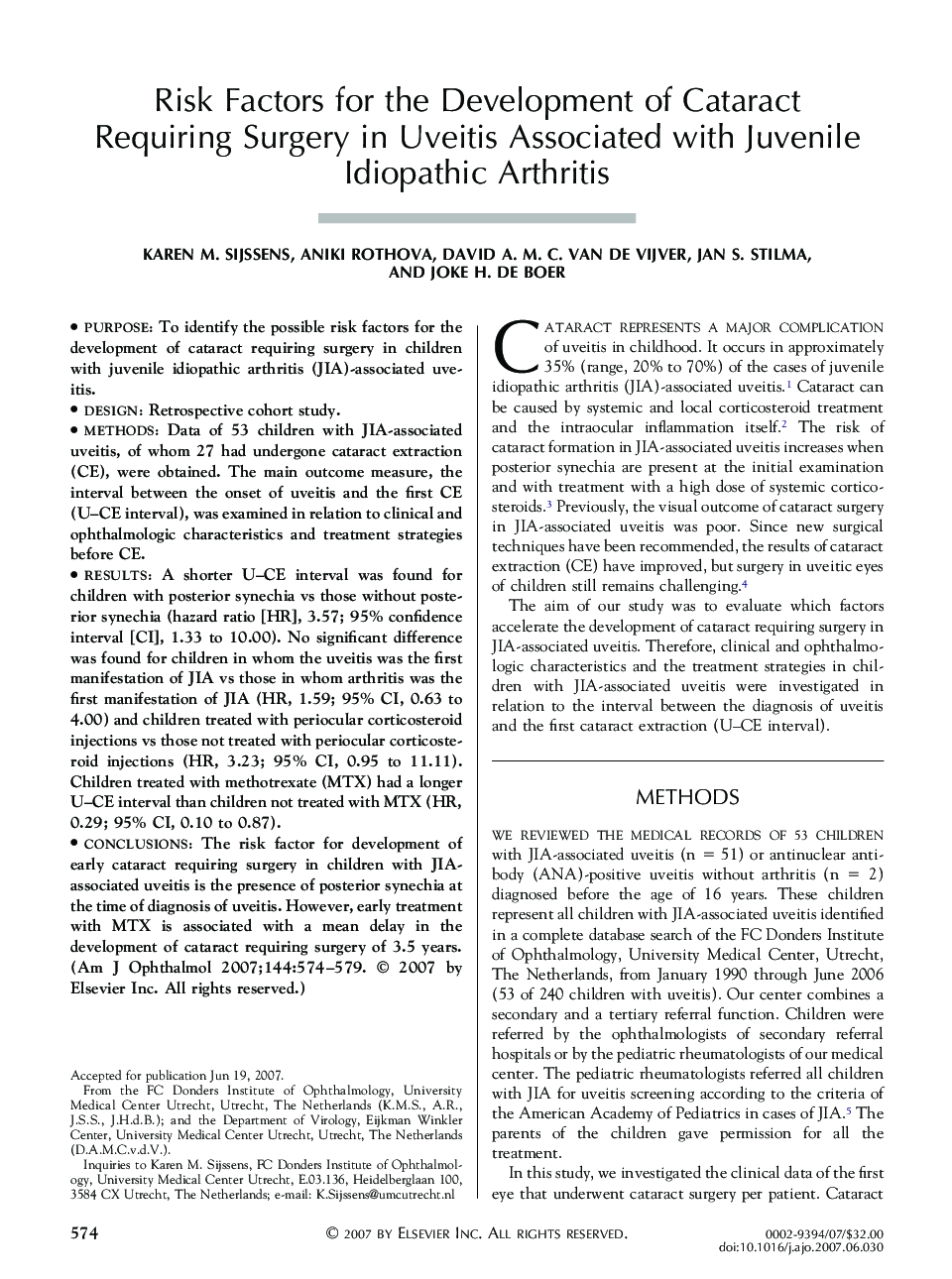 Risk Factors for the Development of Cataract Requiring Surgery in Uveitis Associated with Juvenile Idiopathic Arthritis