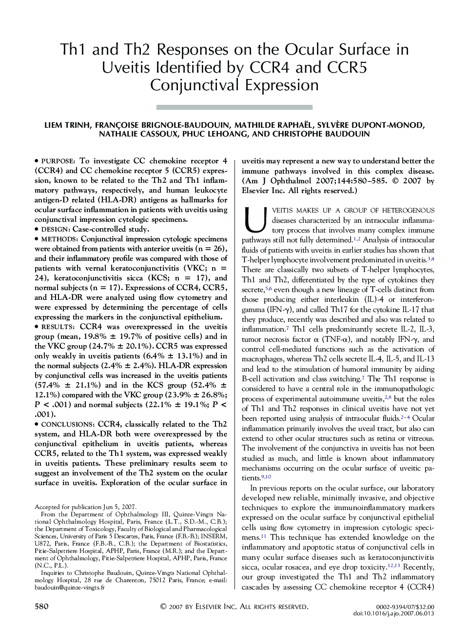 Th1 and Th2 Responses on the Ocular Surface in Uveitis Identified by CCR4 and CCR5 Conjunctival Expression