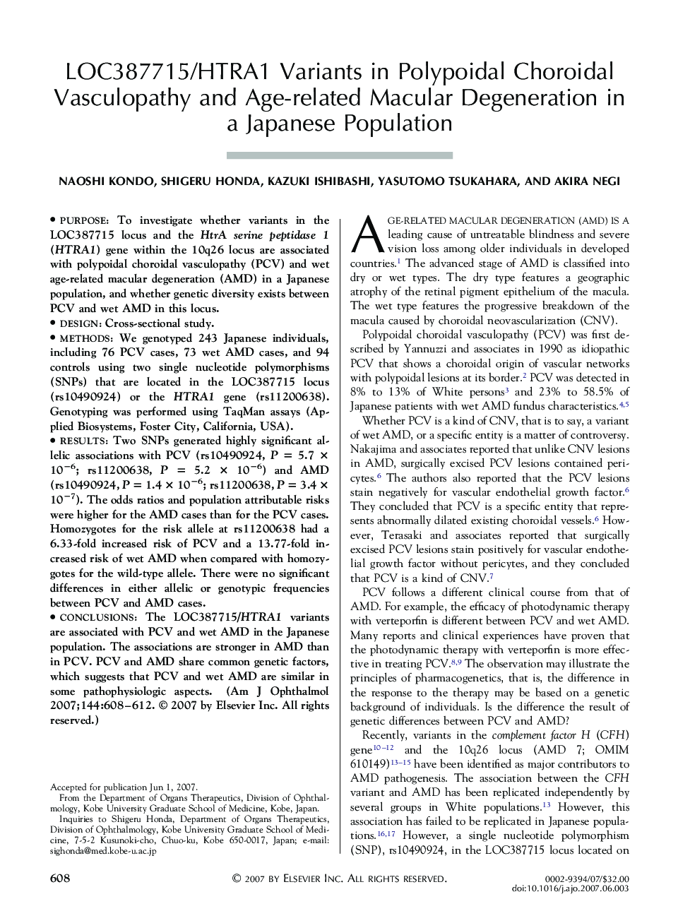 LOC387715/HTRA1 Variants in Polypoidal Choroidal Vasculopathy and Age-related Macular Degeneration in a Japanese Population