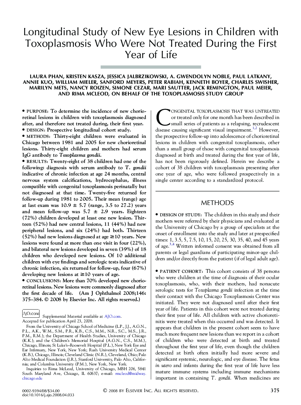 Longitudinal Study of New Eye Lesions in Children with Toxoplasmosis Who Were Not Treated During the First Year of Life