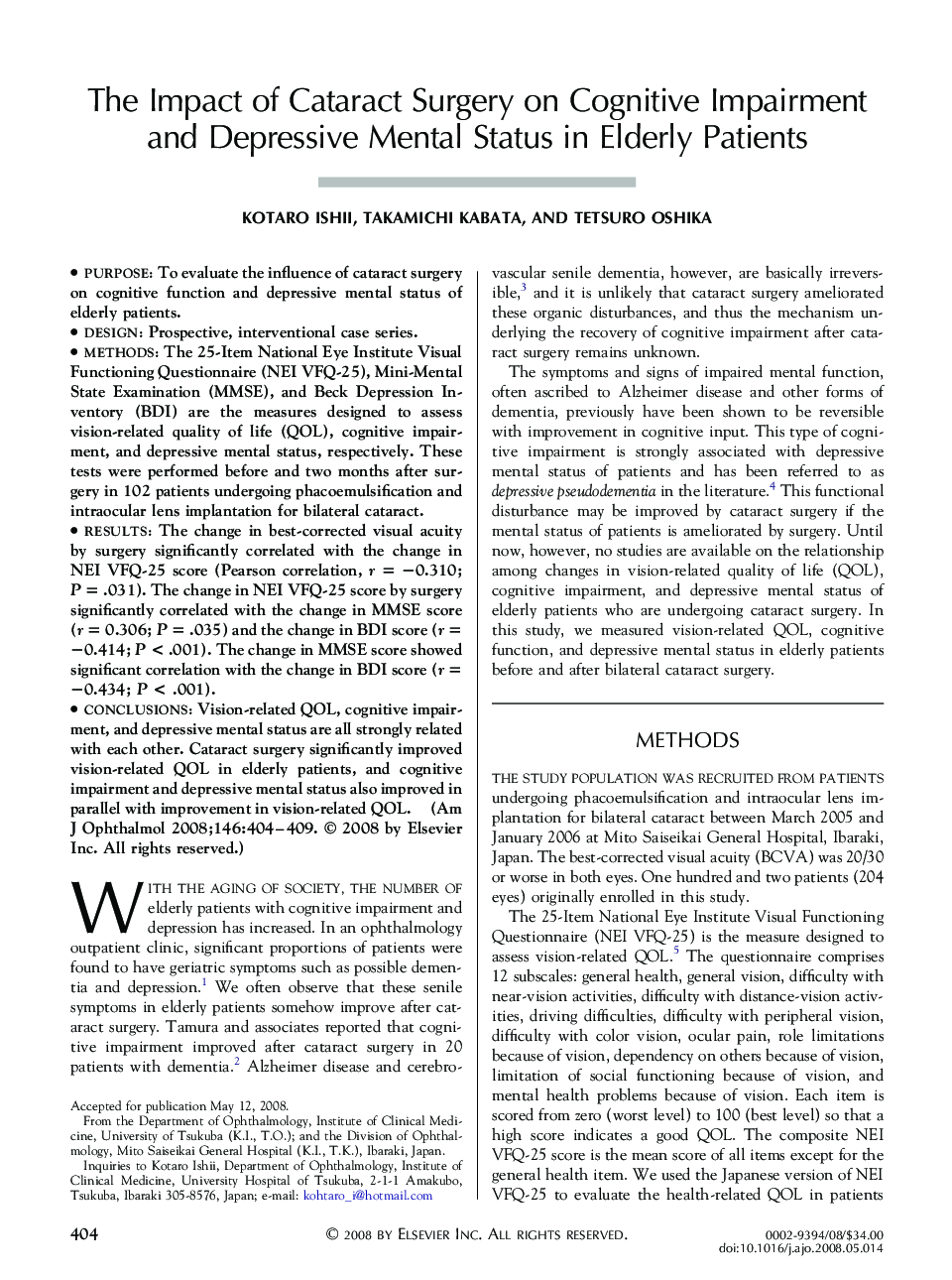 The Impact of Cataract Surgery on Cognitive Impairment and Depressive Mental Status in Elderly Patients