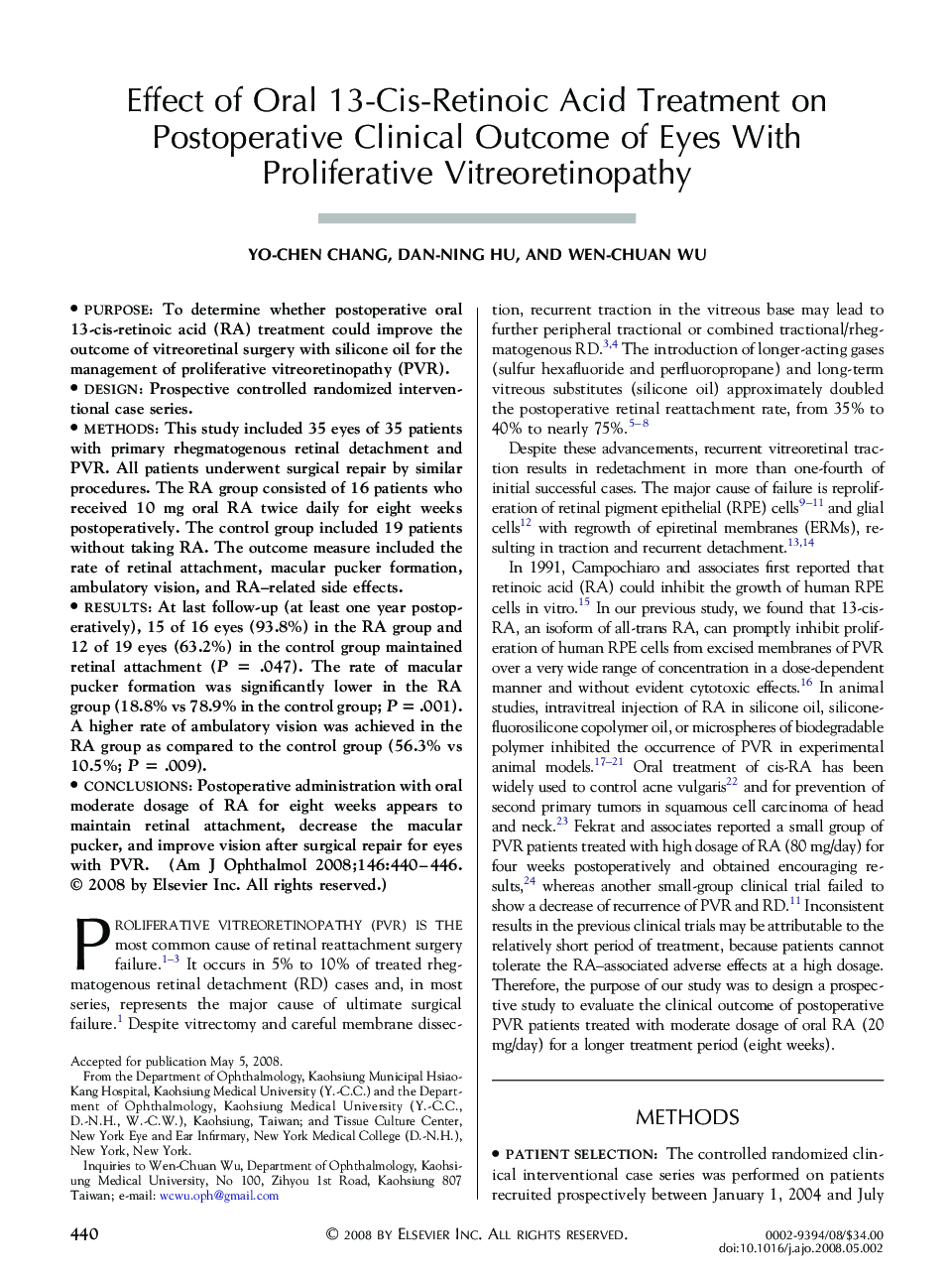 Effect of Oral 13-Cis-Retinoic Acid Treatment on Postoperative Clinical Outcome of Eyes With Proliferative Vitreoretinopathy