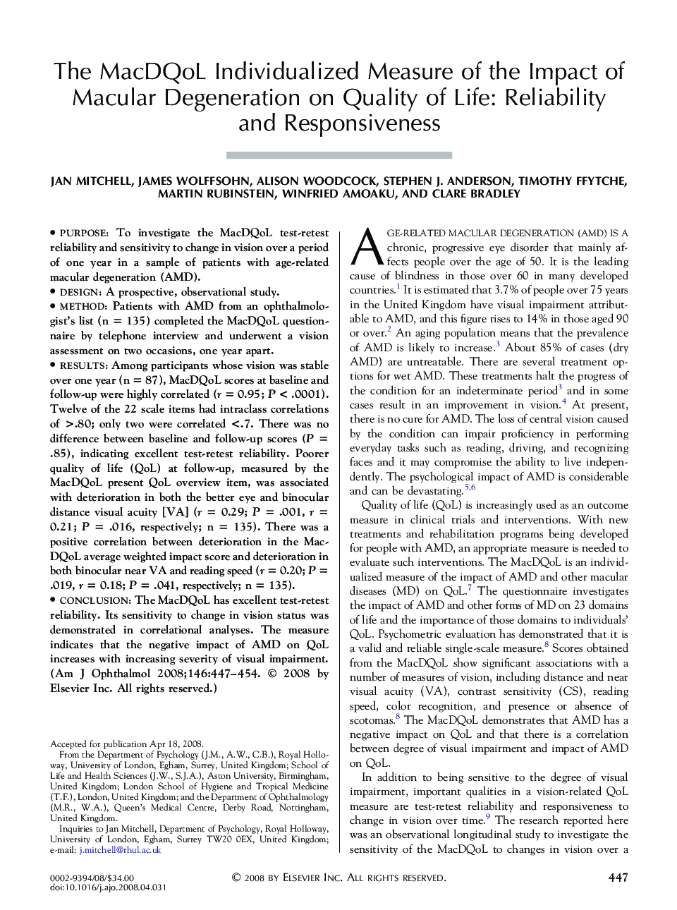 The MacDQoL Individualized Measure of the Impact of Macular Degeneration on Quality of Life: Reliability and Responsiveness