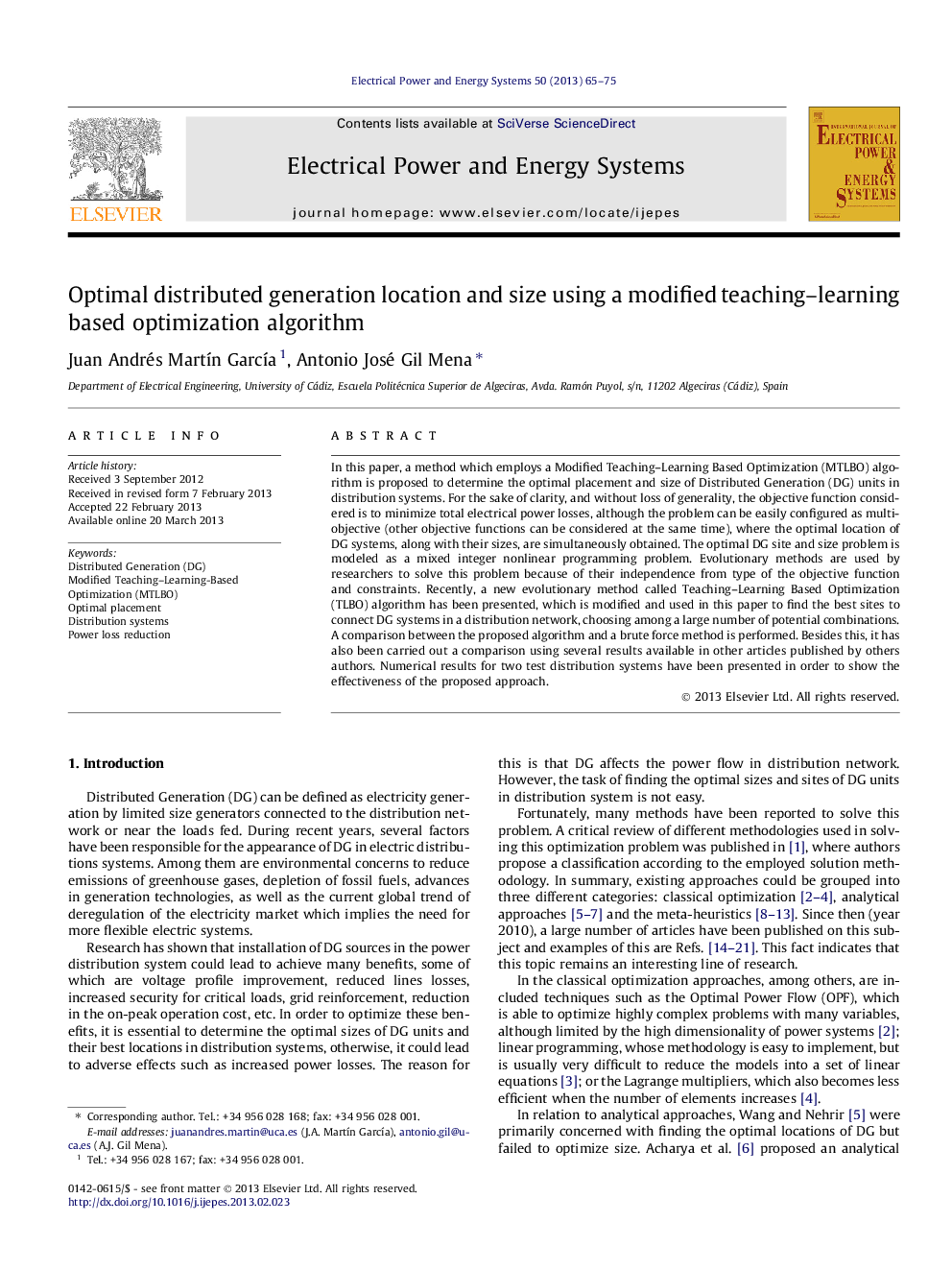 Optimal distributed generation location and size using a modified teaching–learning based optimization algorithm