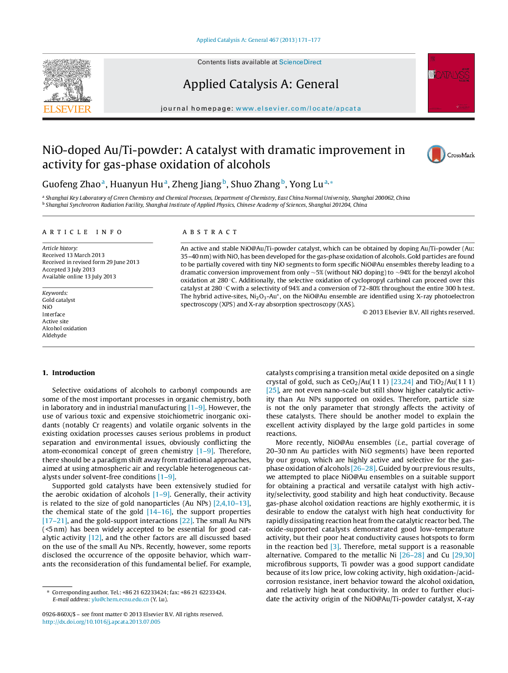 NiO-doped Au/Ti-powder: A catalyst with dramatic improvement in activity for gas-phase oxidation of alcohols