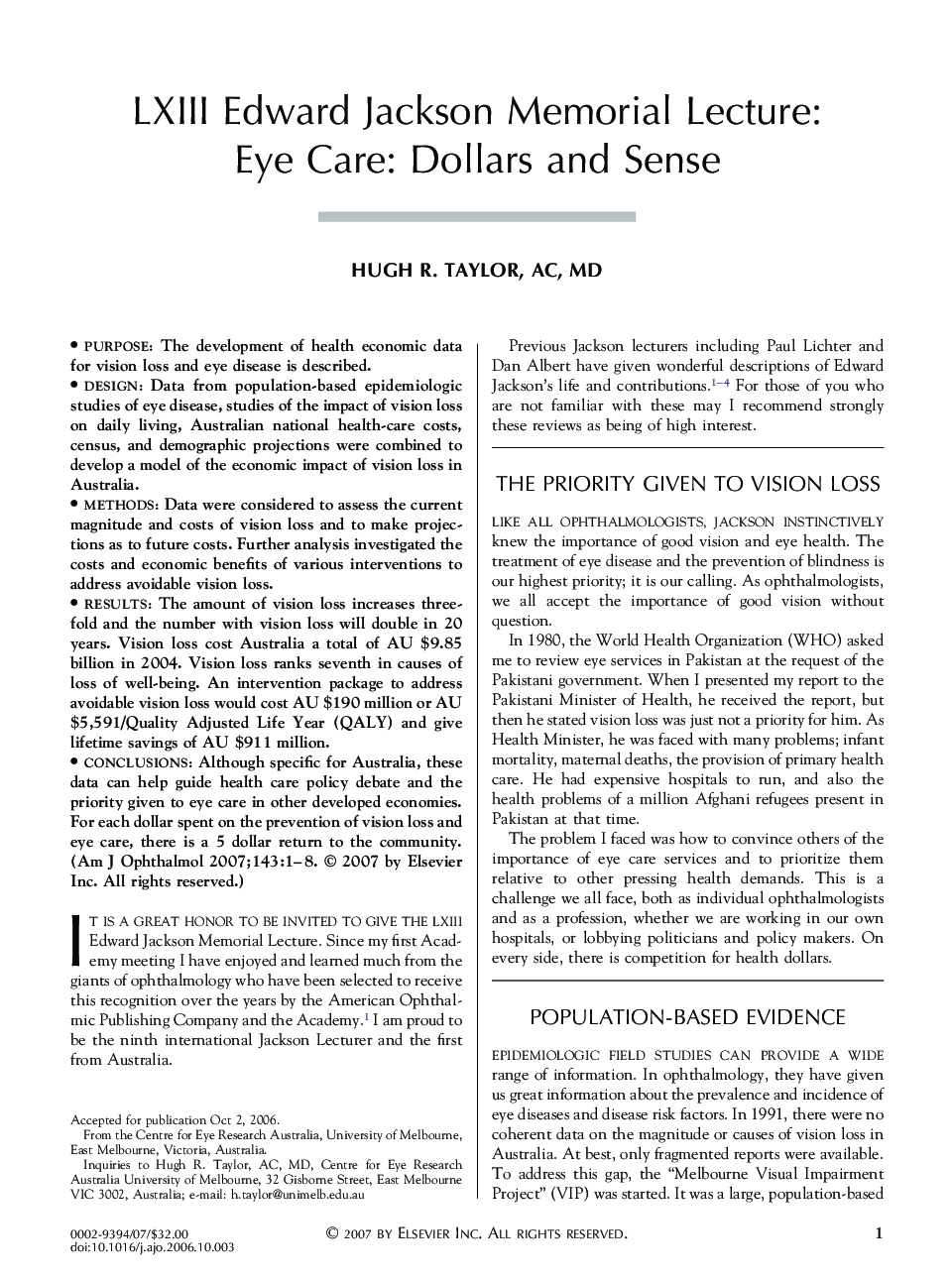 LXIII Edward Jackson Memorial Lecture: Eye Care: Dollars and Sense