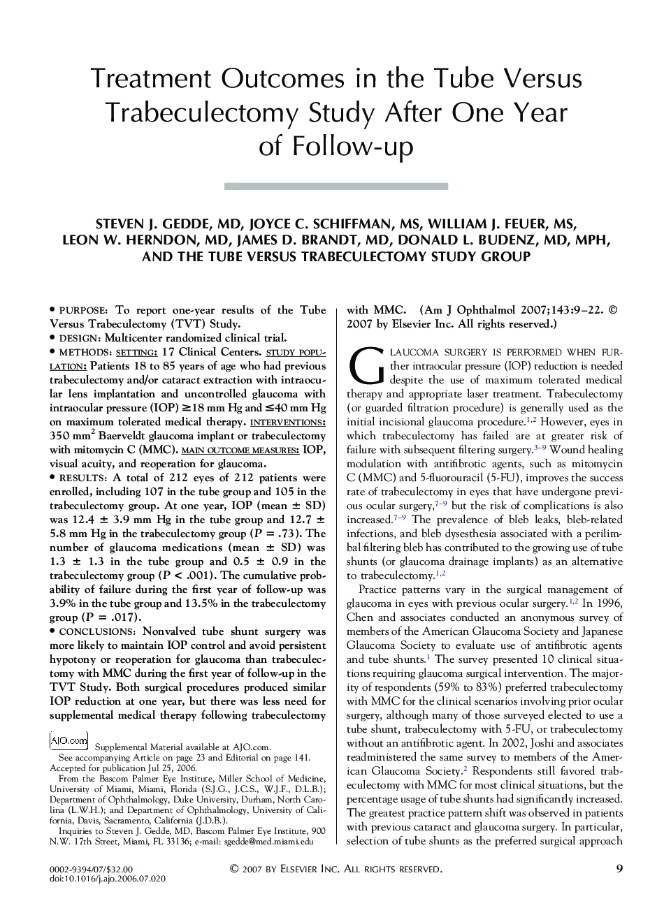 Treatment Outcomes in the Tube Versus Trabeculectomy Study After One Year of Follow-up