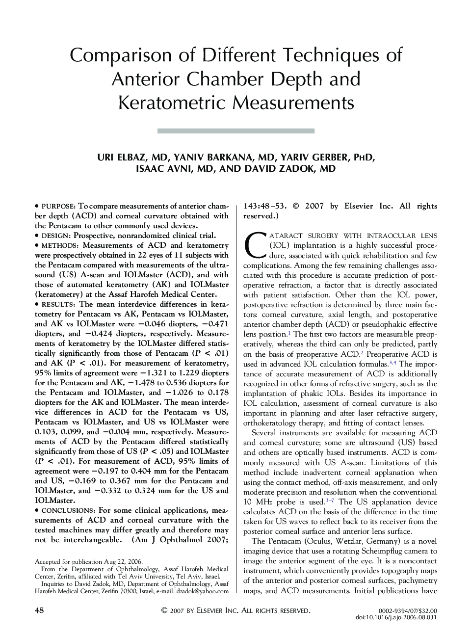 Comparison of Different Techniques of Anterior Chamber Depth and Keratometric Measurements