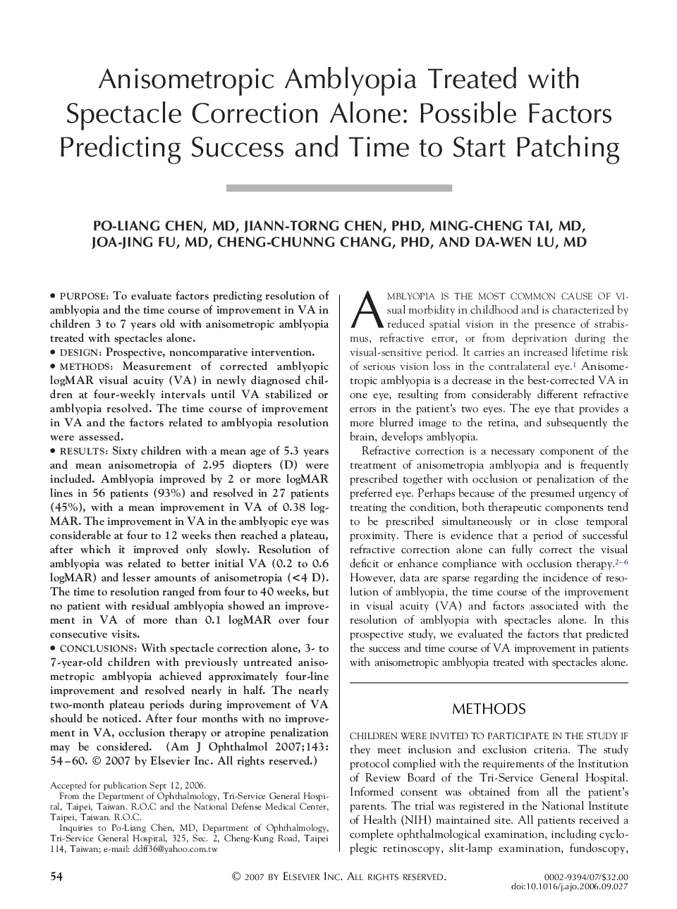 Anisometropic Amblyopia Treated with Spectacle Correction Alone: Possible Factors Predicting Success and Time to Start Patching