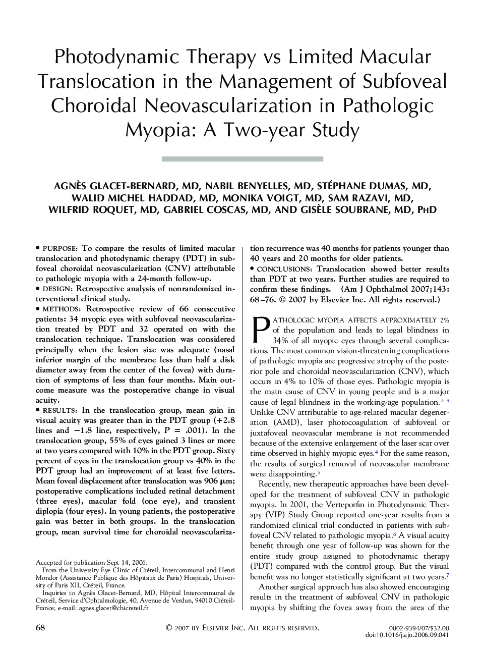 Photodynamic Therapy vs Limited Macular Translocation in the Management of Subfoveal Choroidal Neovascularization in Pathologic Myopia: A Two-year Study