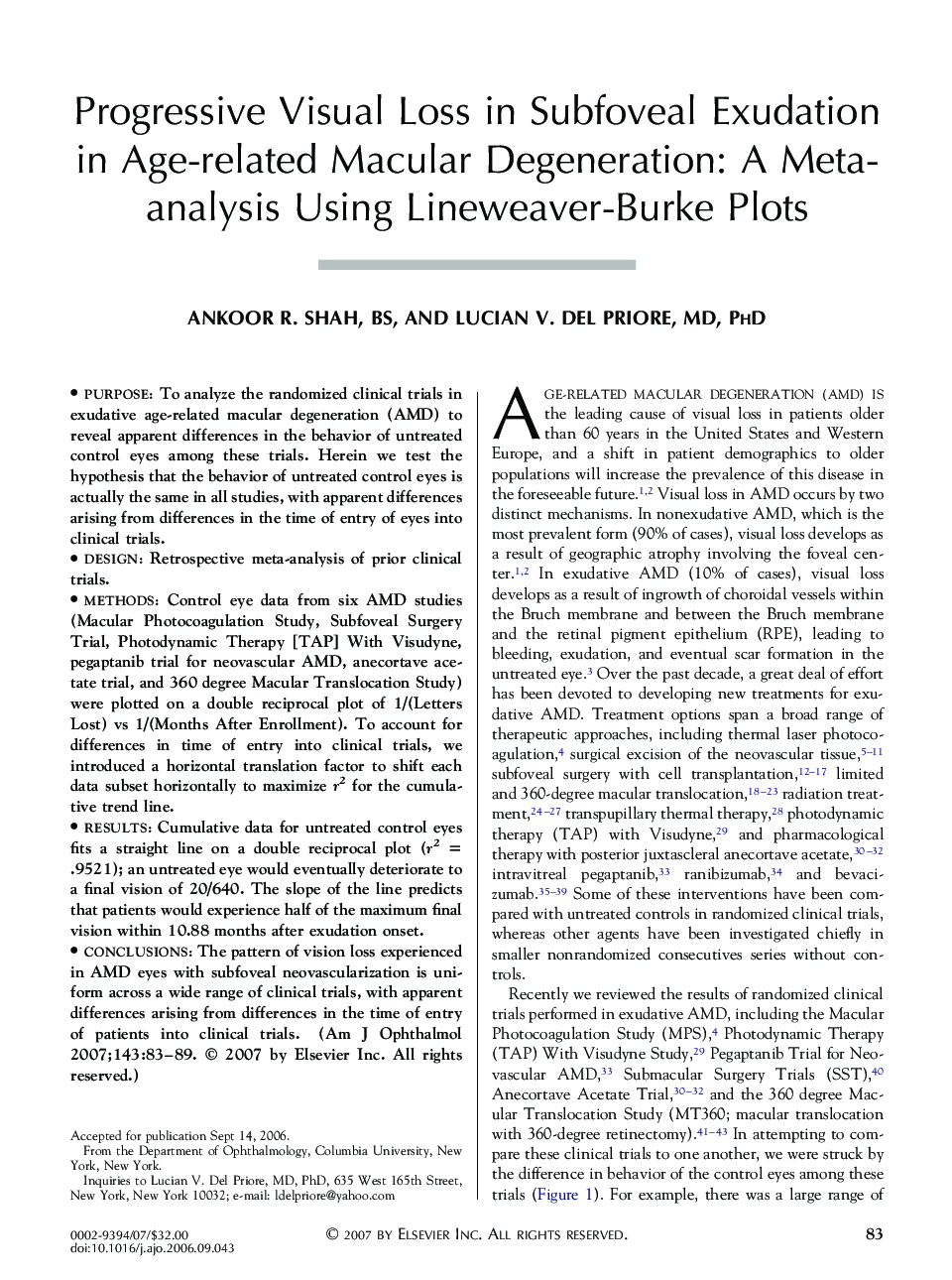 Progressive Visual Loss in Subfoveal Exudation in Age-related Macular Degeneration: A Meta-analysis Using Lineweaver-Burke Plots