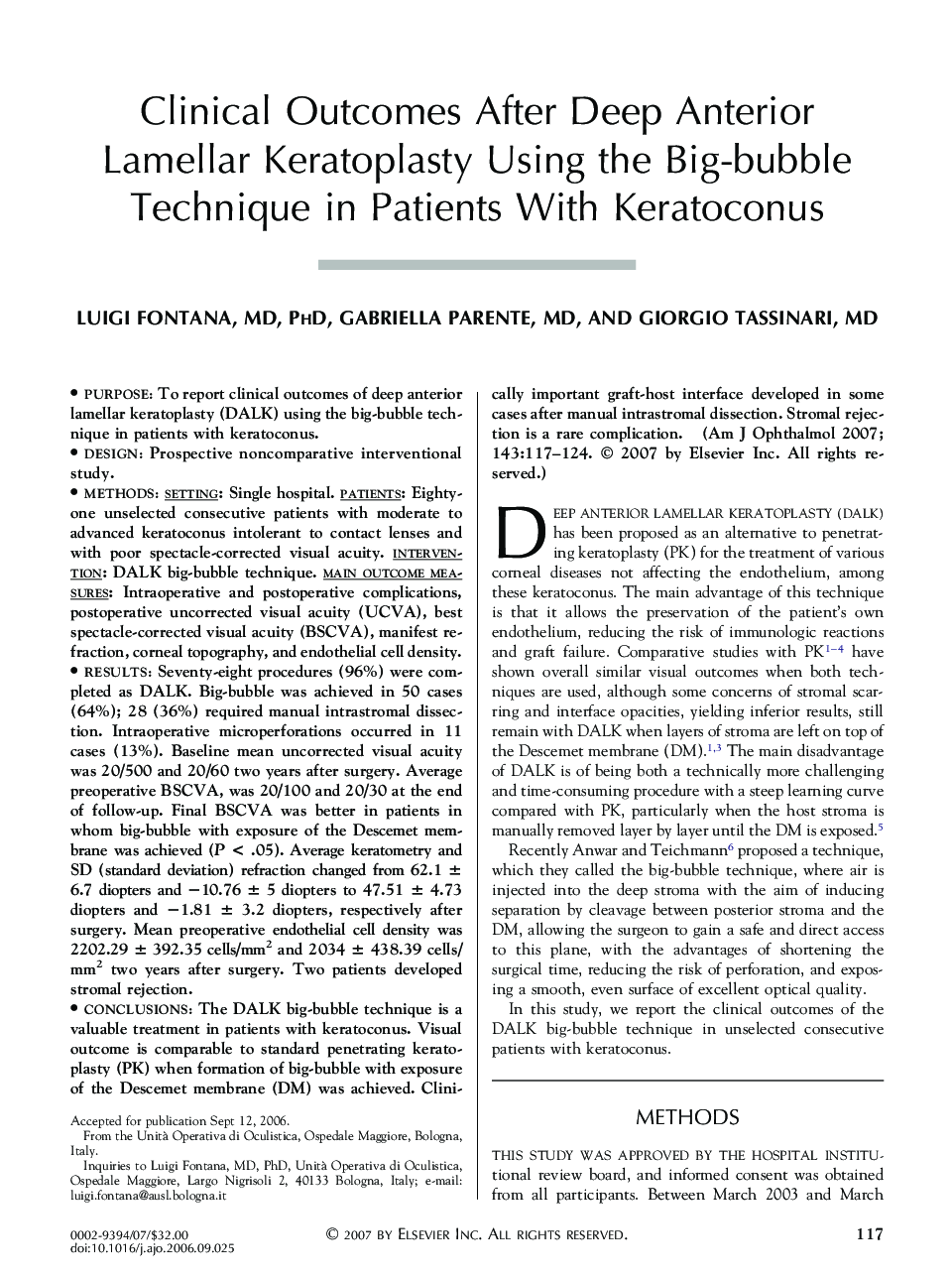 Clinical Outcomes After Deep Anterior Lamellar Keratoplasty Using the Big-bubble Technique in Patients With Keratoconus