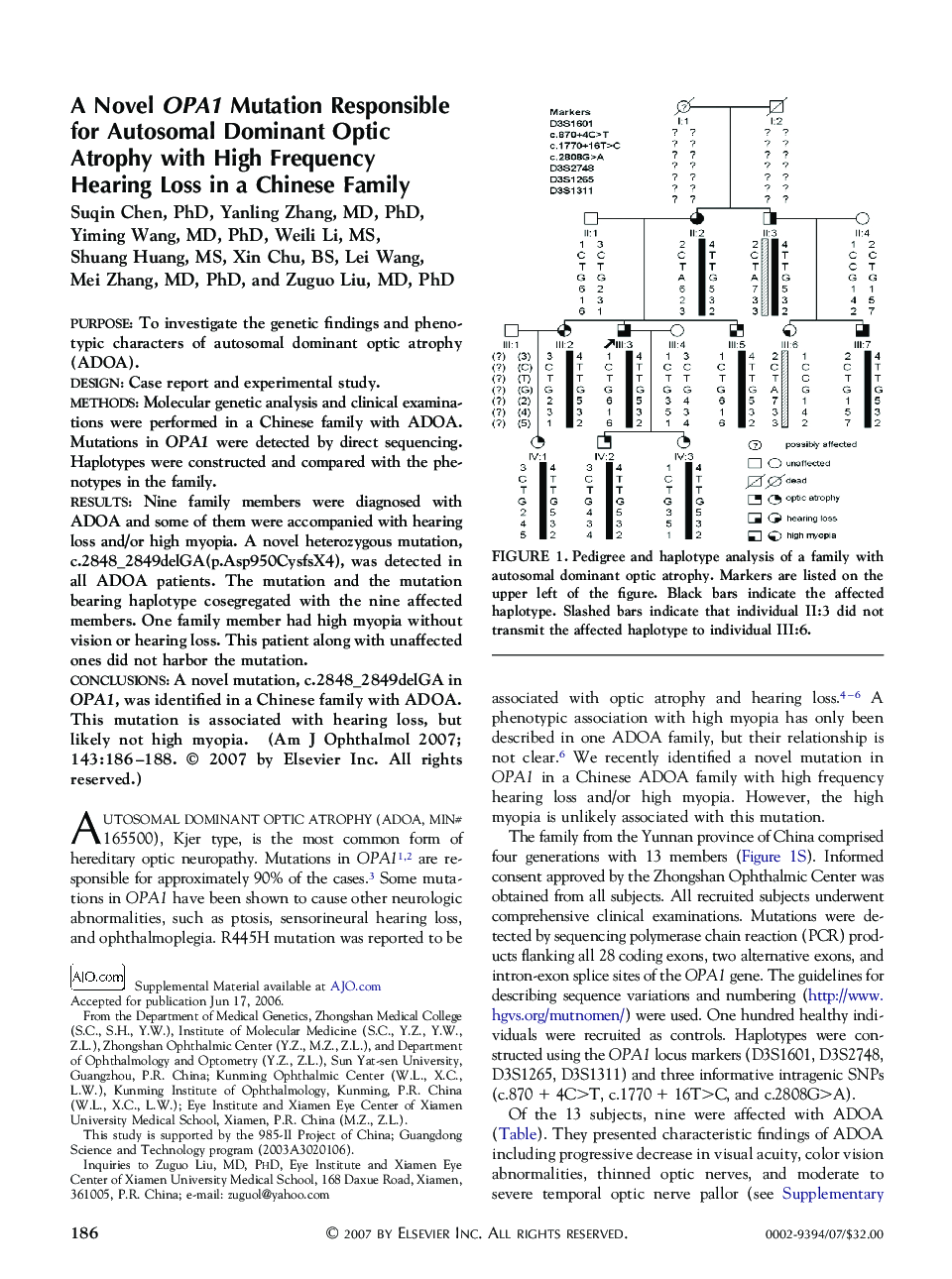A Novel OPA1 Mutation Responsible for Autosomal Dominant Optic Atrophy with High Frequency Hearing Loss in a Chinese Family
