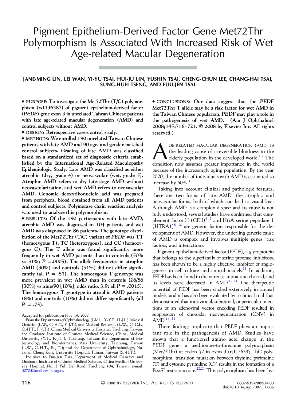 Pigment Epithelium-Derived Factor Gene Met72Thr Polymorphism Is Associated With Increased Risk of Wet Age-related Macular Degeneration