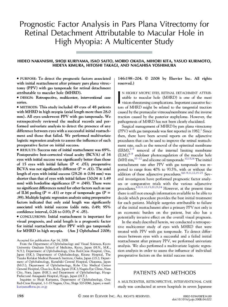 Prognostic Factor Analysis in Pars Plana Vitrectomy for Retinal Detachment Attributable to Macular Hole in High Myopia: A Multicenter Study