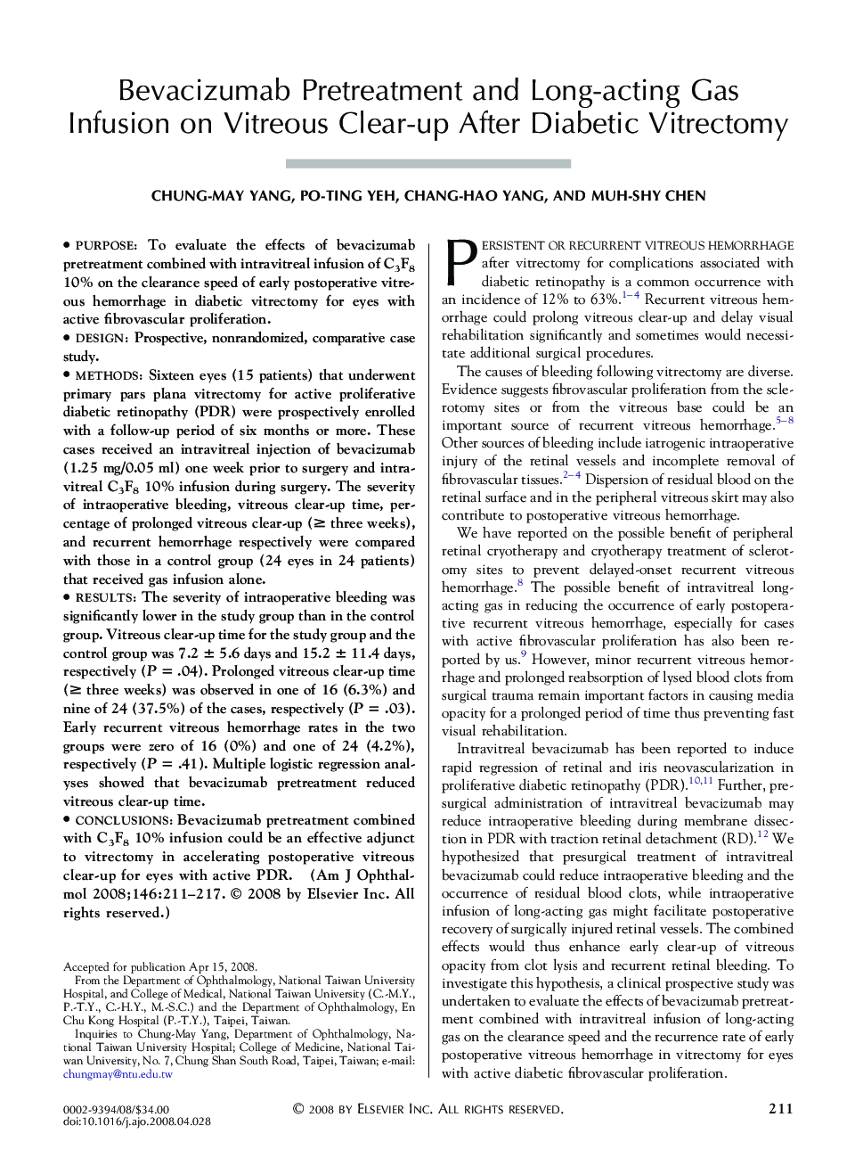 Bevacizumab Pretreatment and Long-acting Gas Infusion on Vitreous Clear-up After Diabetic Vitrectomy