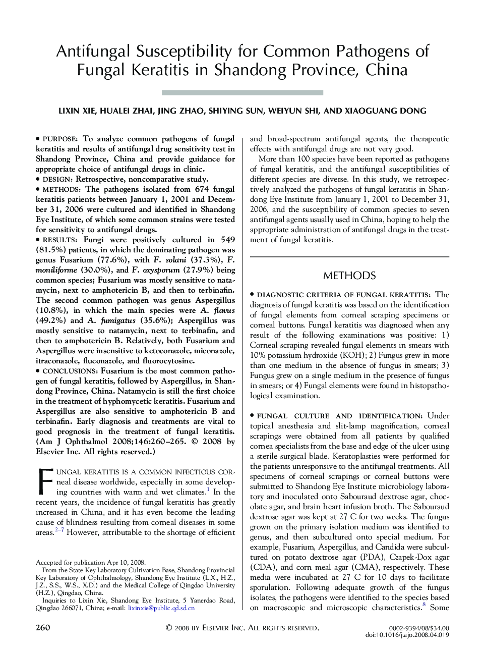 Antifungal Susceptibility for Common Pathogens of Fungal Keratitis in Shandong Province, China