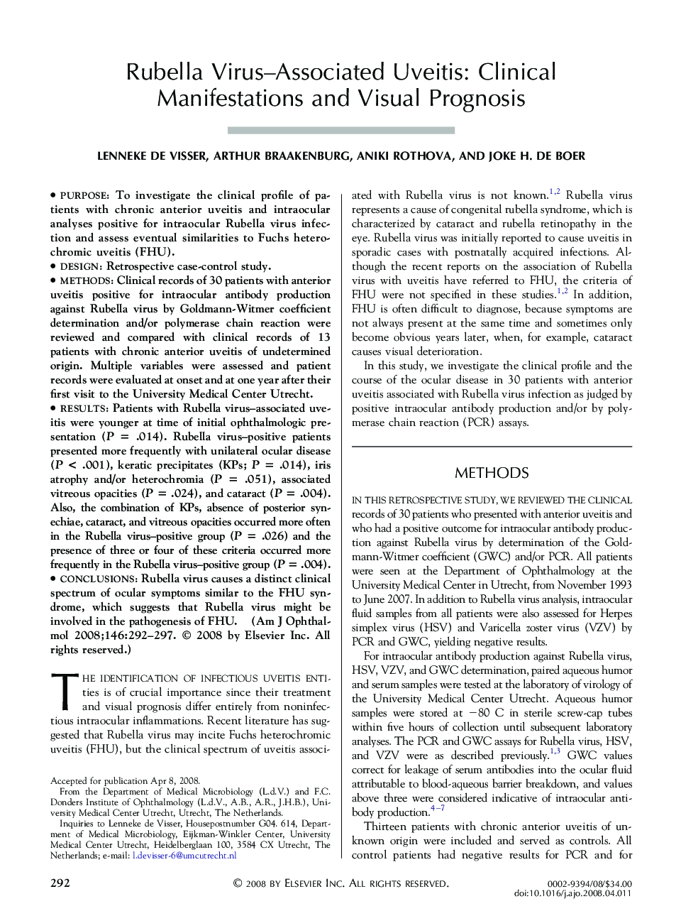Rubella Virus–Associated Uveitis: Clinical Manifestations and Visual Prognosis