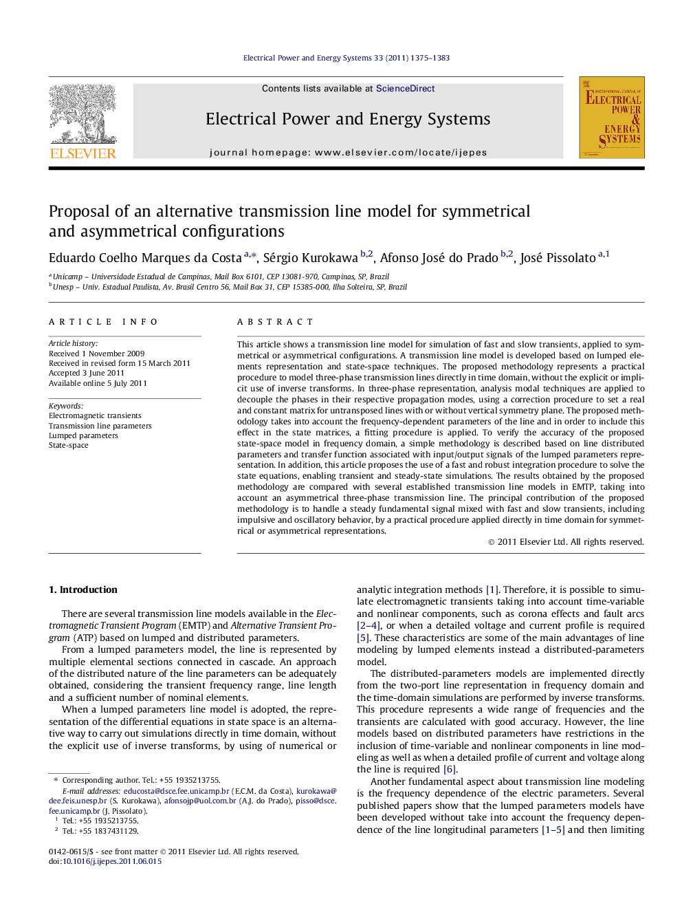 Proposal of an alternative transmission line model for symmetrical and asymmetrical configurations