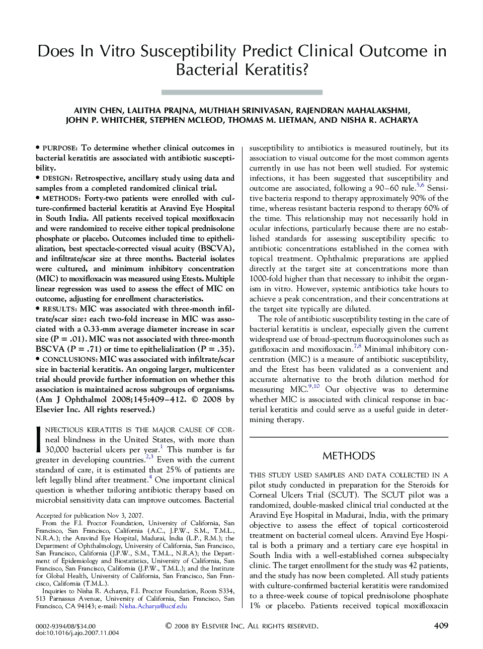 Does In Vitro Susceptibility Predict Clinical Outcome in Bacterial Keratitis?