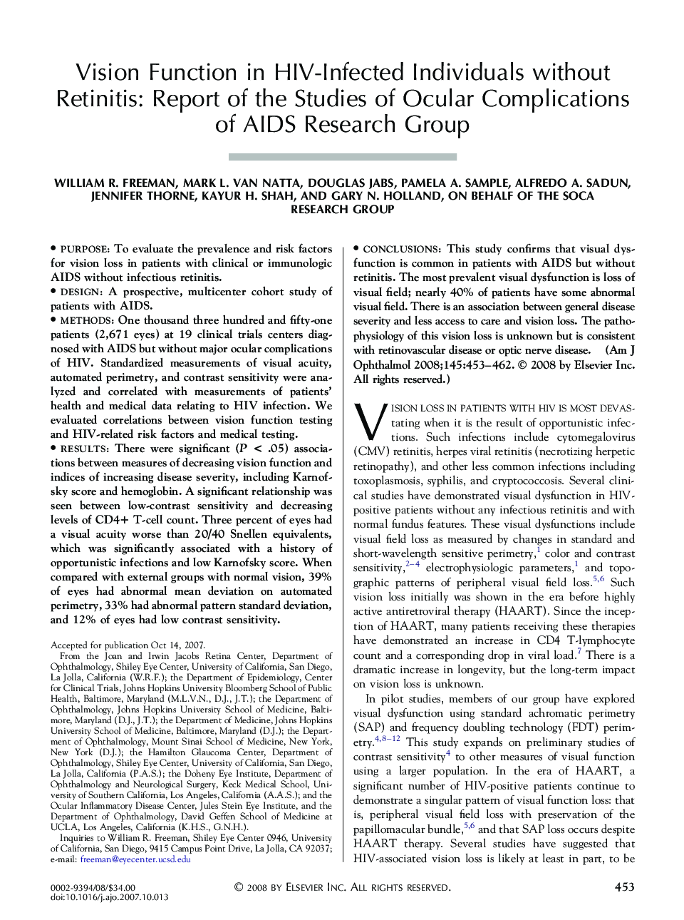 Vision Function in HIV-Infected Individuals without Retinitis: Report of the Studies of Ocular Complications of AIDS Research Group