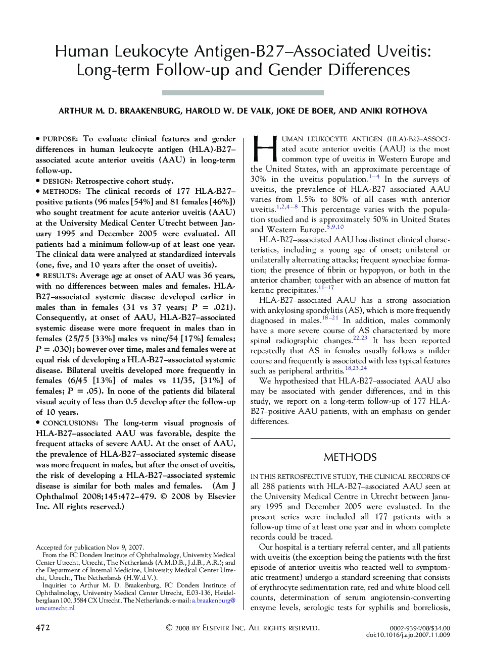 Human Leukocyte Antigen-B27–Associated Uveitis: Long-term Follow-up and Gender Differences