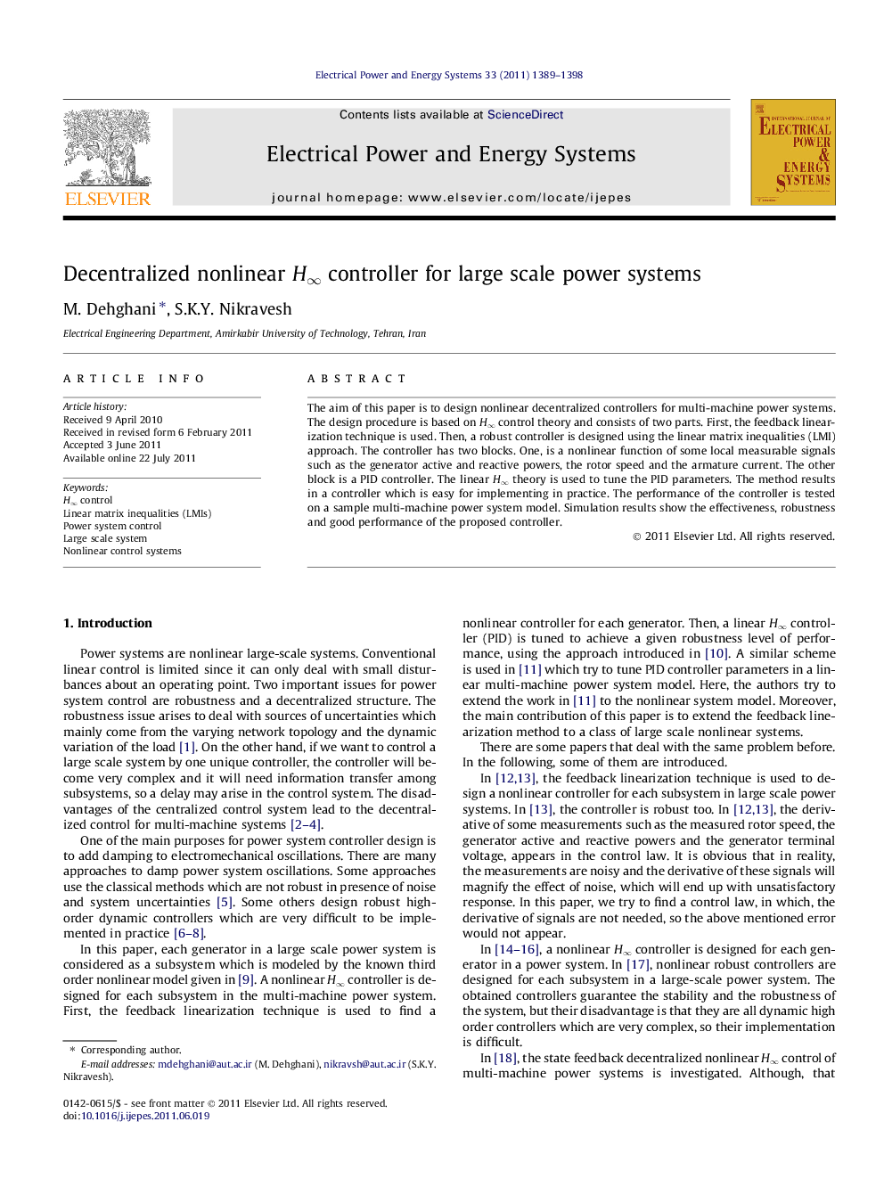 Decentralized nonlinear H∞ controller for large scale power systems