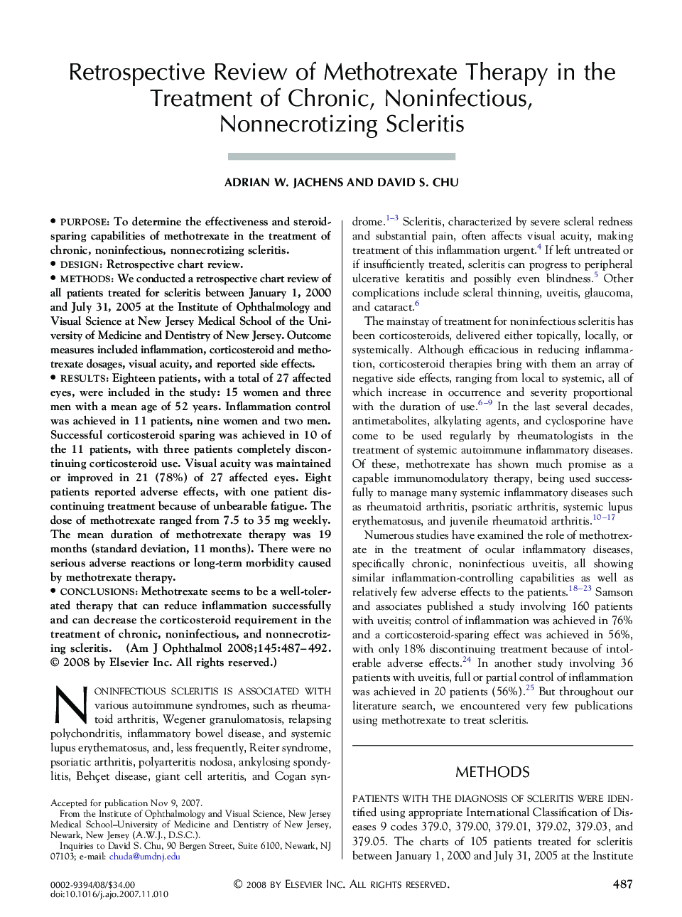 Retrospective Review of Methotrexate Therapy in the Treatment of Chronic, Noninfectious, Nonnecrotizing Scleritis