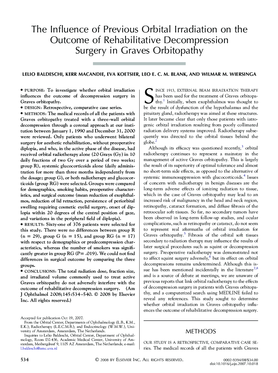 The Influence of Previous Orbital Irradiation on the Outcome of Rehabilitative Decompression Surgery in Graves Orbitopathy