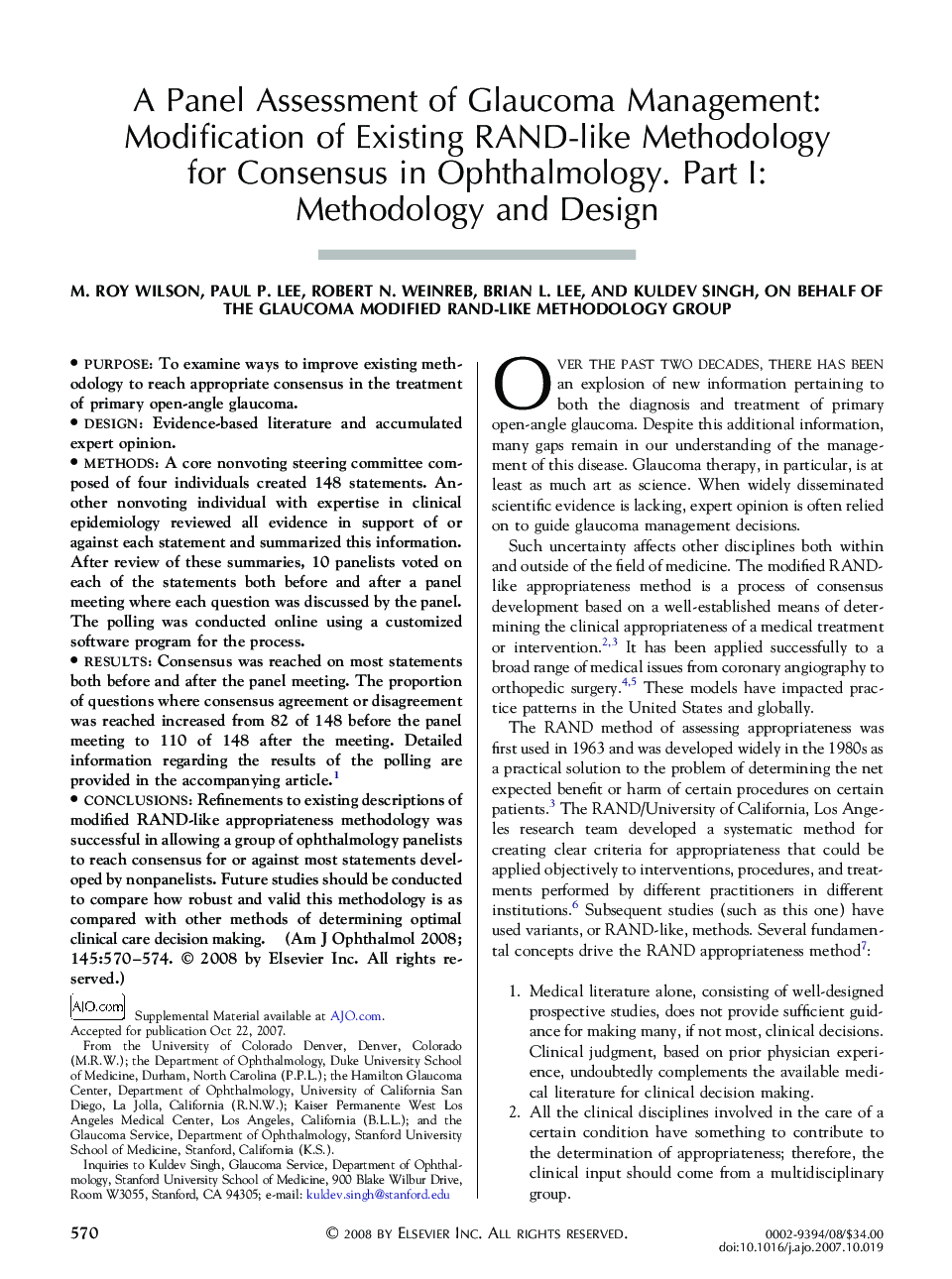 A Panel Assessment of Glaucoma Management: Modification of Existing RAND-like Methodology for Consensus in Ophthalmology. Part I: Methodology and Design