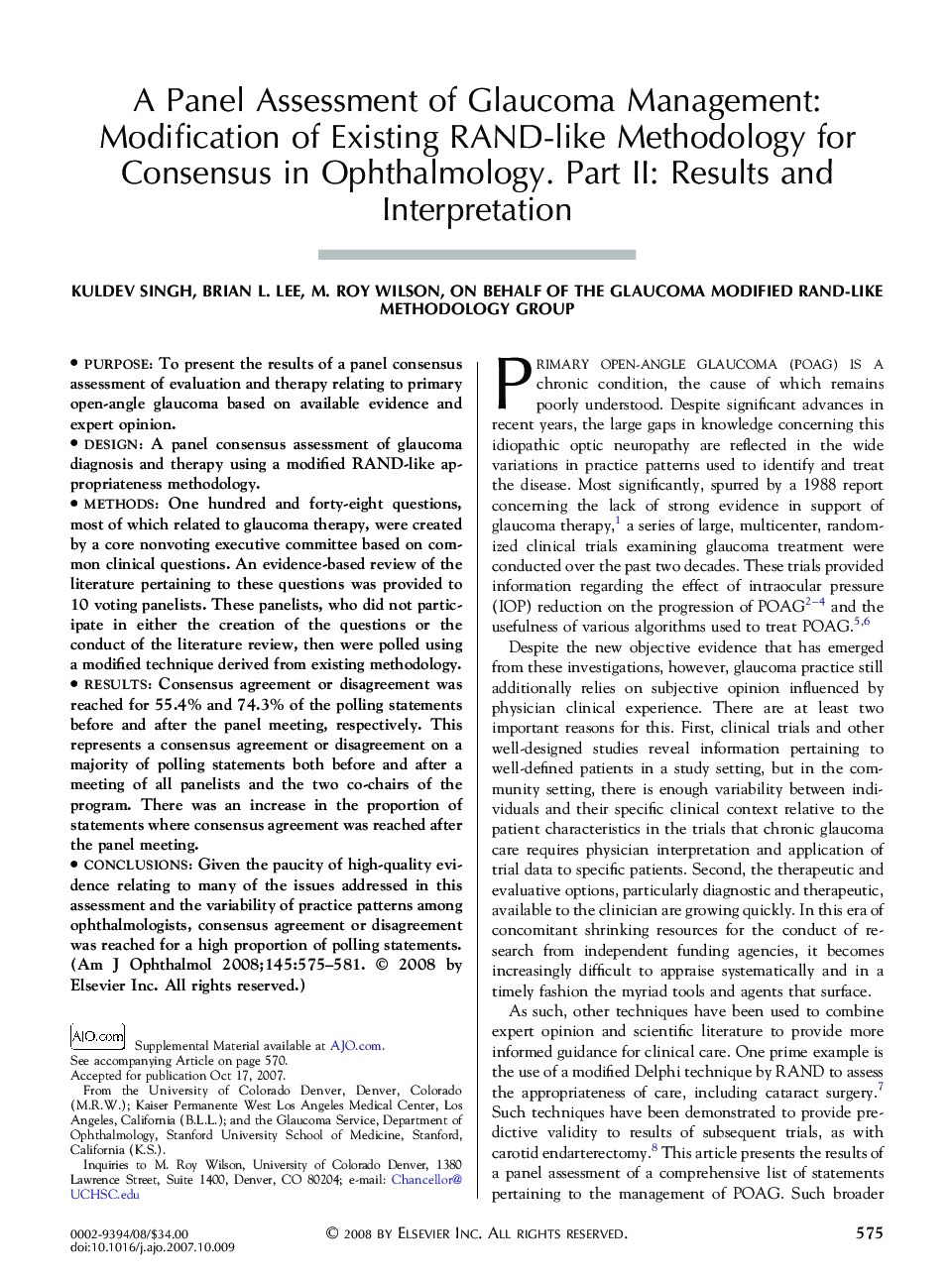 A Panel Assessment of Glaucoma Management: Modification of Existing RAND-like Methodology for Consensus in Ophthalmology. Part II: Results and Interpretation