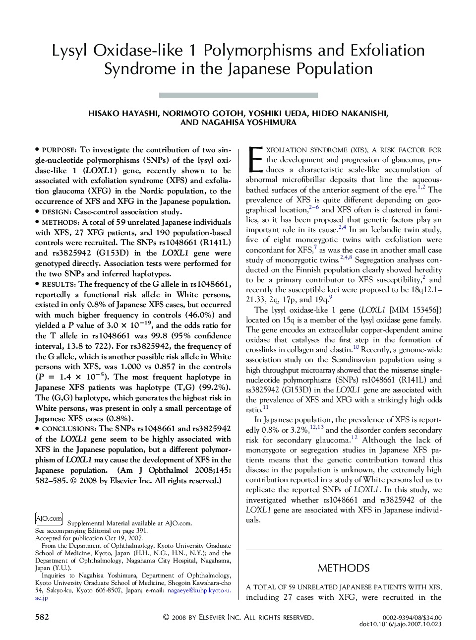 Lysyl Oxidase-like 1 Polymorphisms and Exfoliation Syndrome in the Japanese Population
