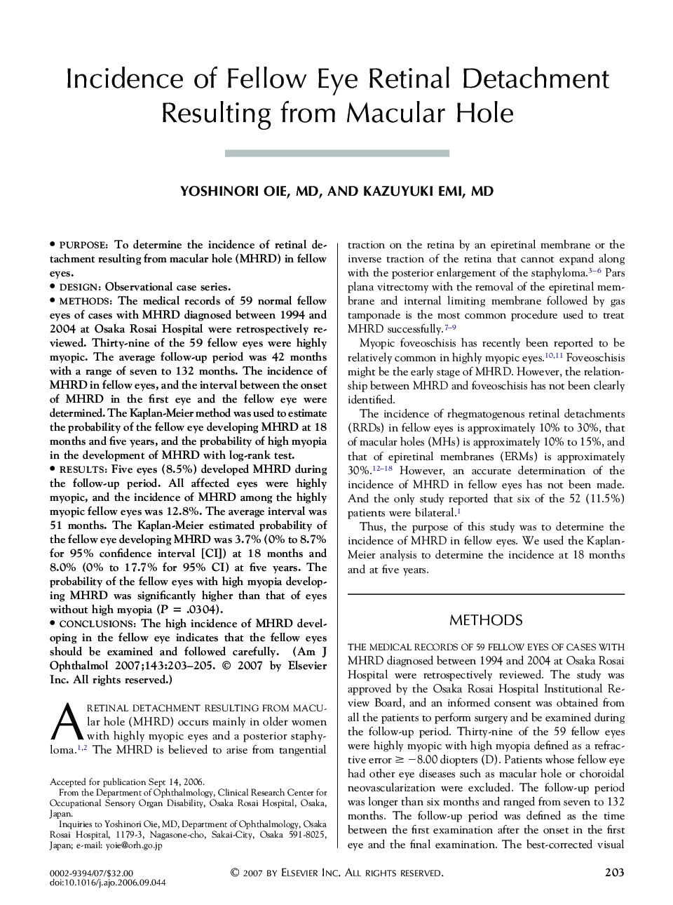 Incidence of Fellow Eye Retinal Detachment Resulting from Macular Hole