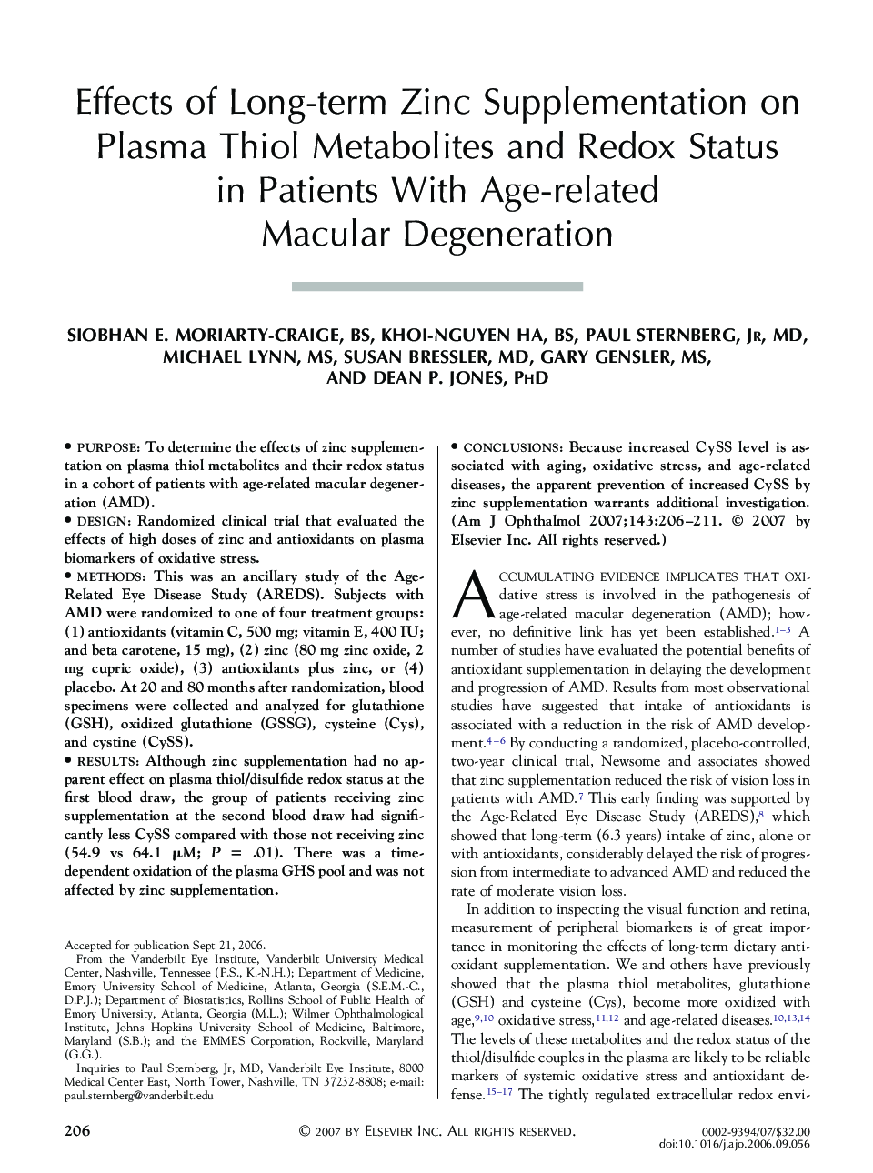Effects of Long-term Zinc Supplementation on Plasma Thiol Metabolites and Redox Status in Patients With Age-related Macular Degeneration