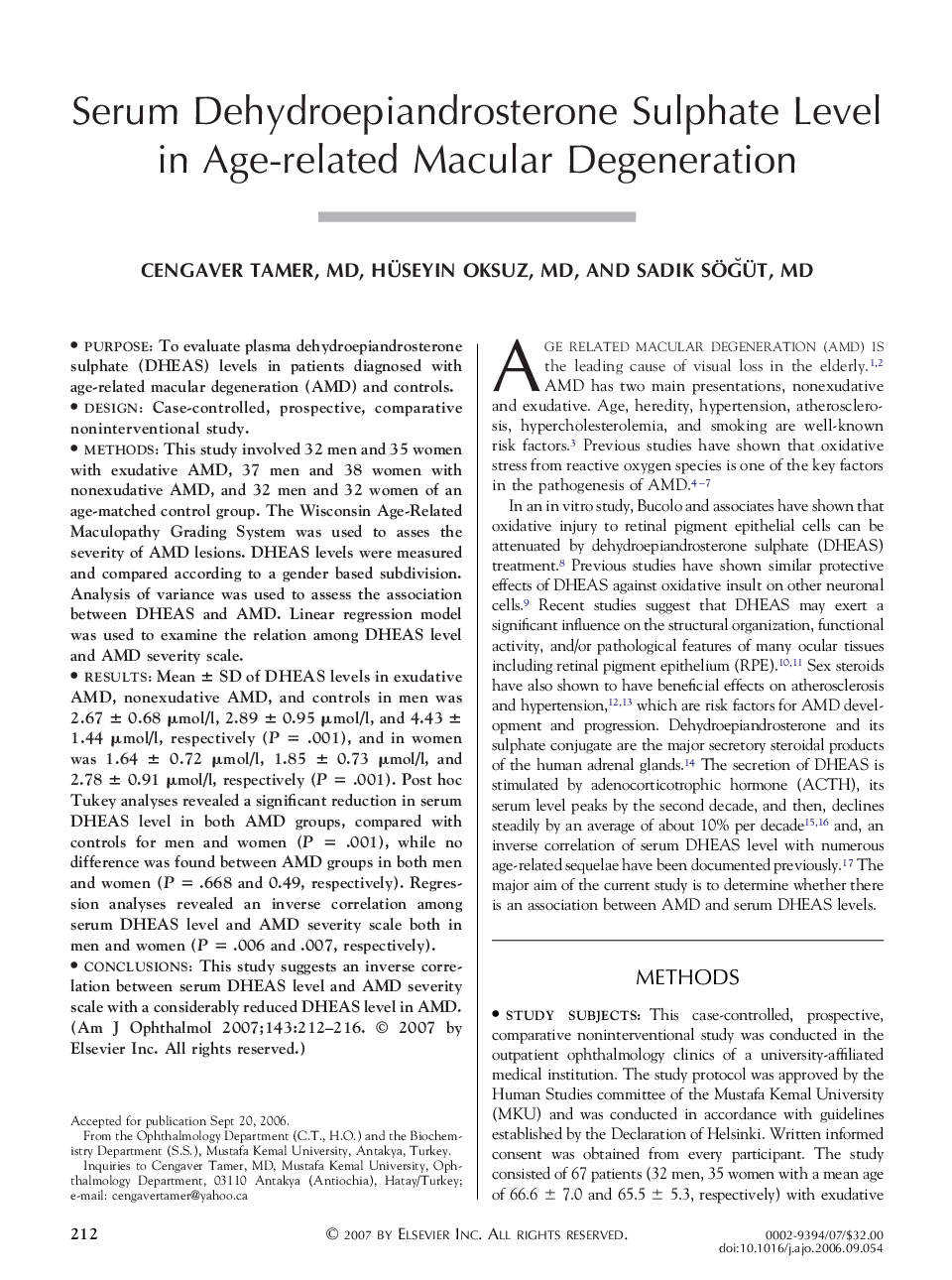 Serum Dehydroepiandrosterone Sulphate Level in Age-related Macular Degeneration