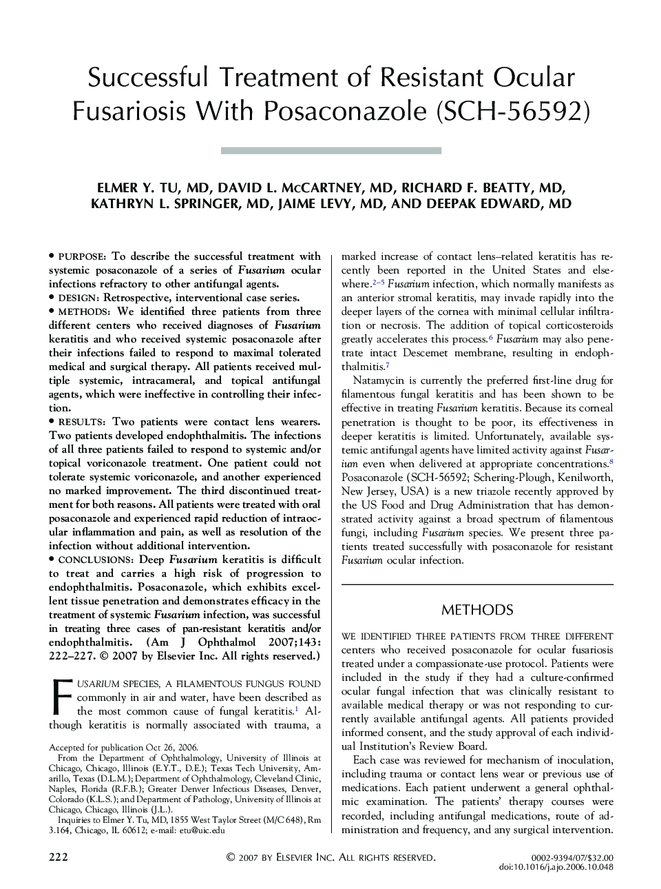 Successful Treatment of Resistant Ocular Fusariosis With Posaconazole (SCH-56592)