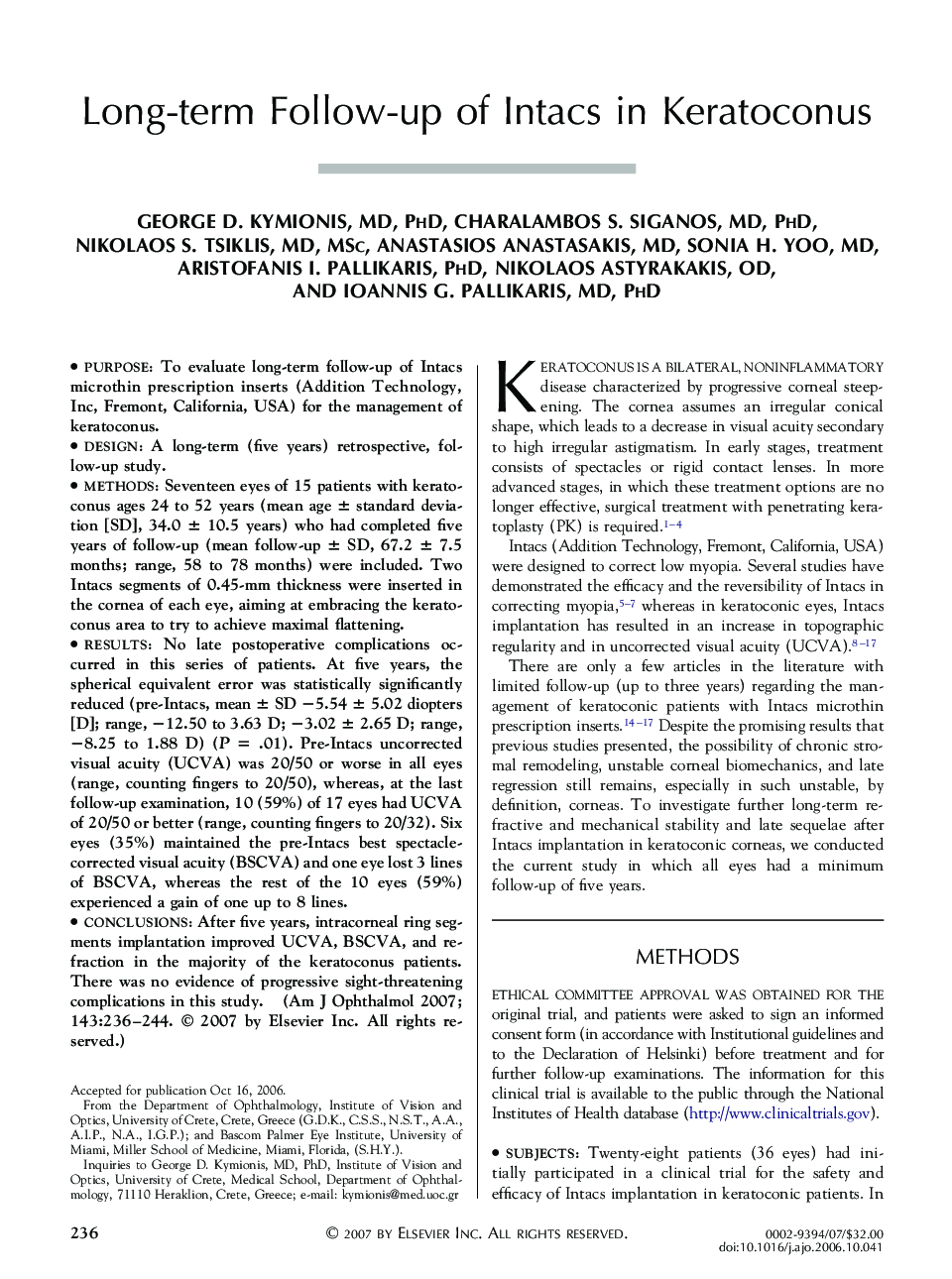 Long-term Follow-up of Intacs in Keratoconus
