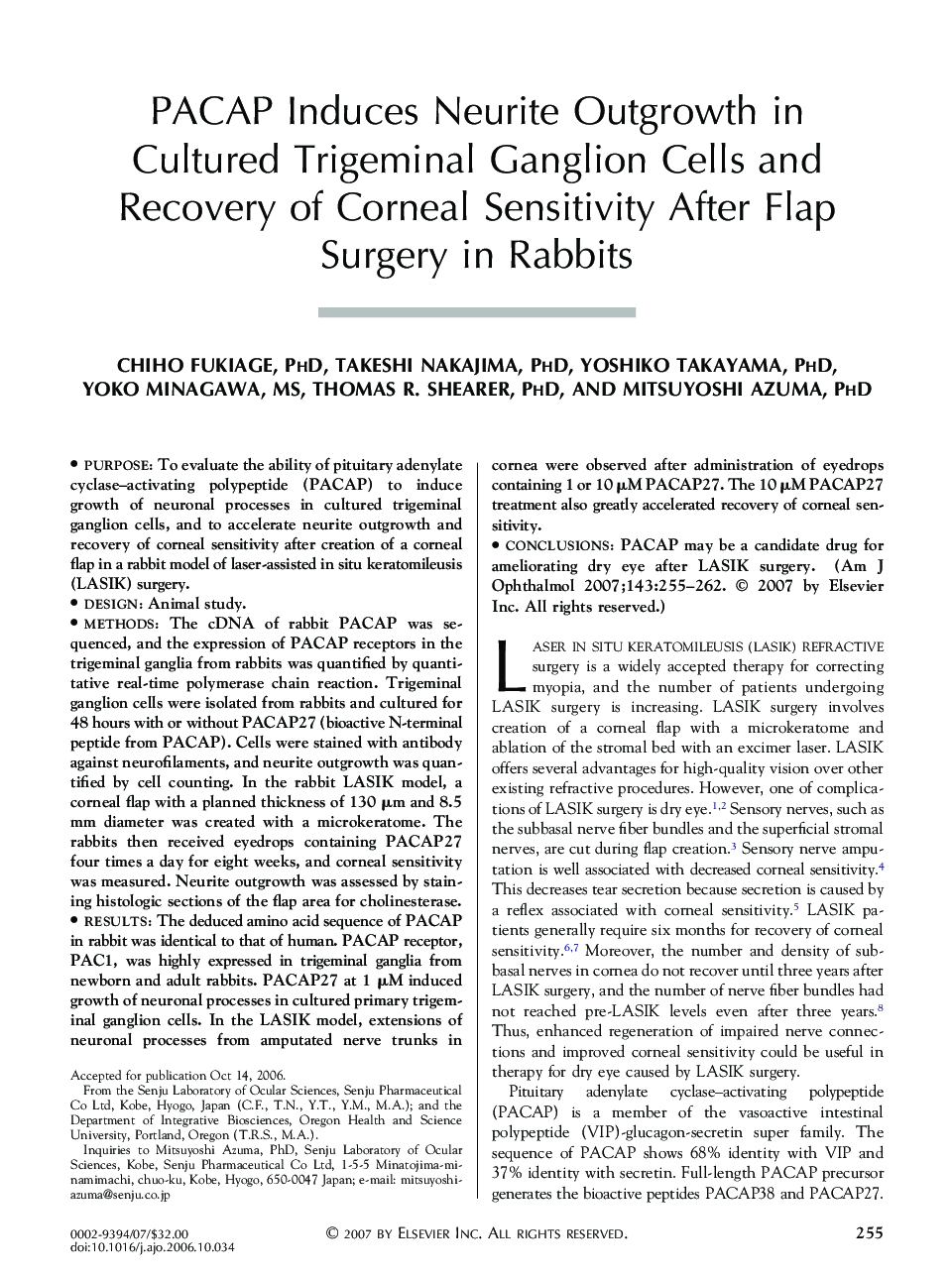 PACAP Induces Neurite Outgrowth in Cultured Trigeminal Ganglion Cells and Recovery of Corneal Sensitivity After Flap Surgery in Rabbits
