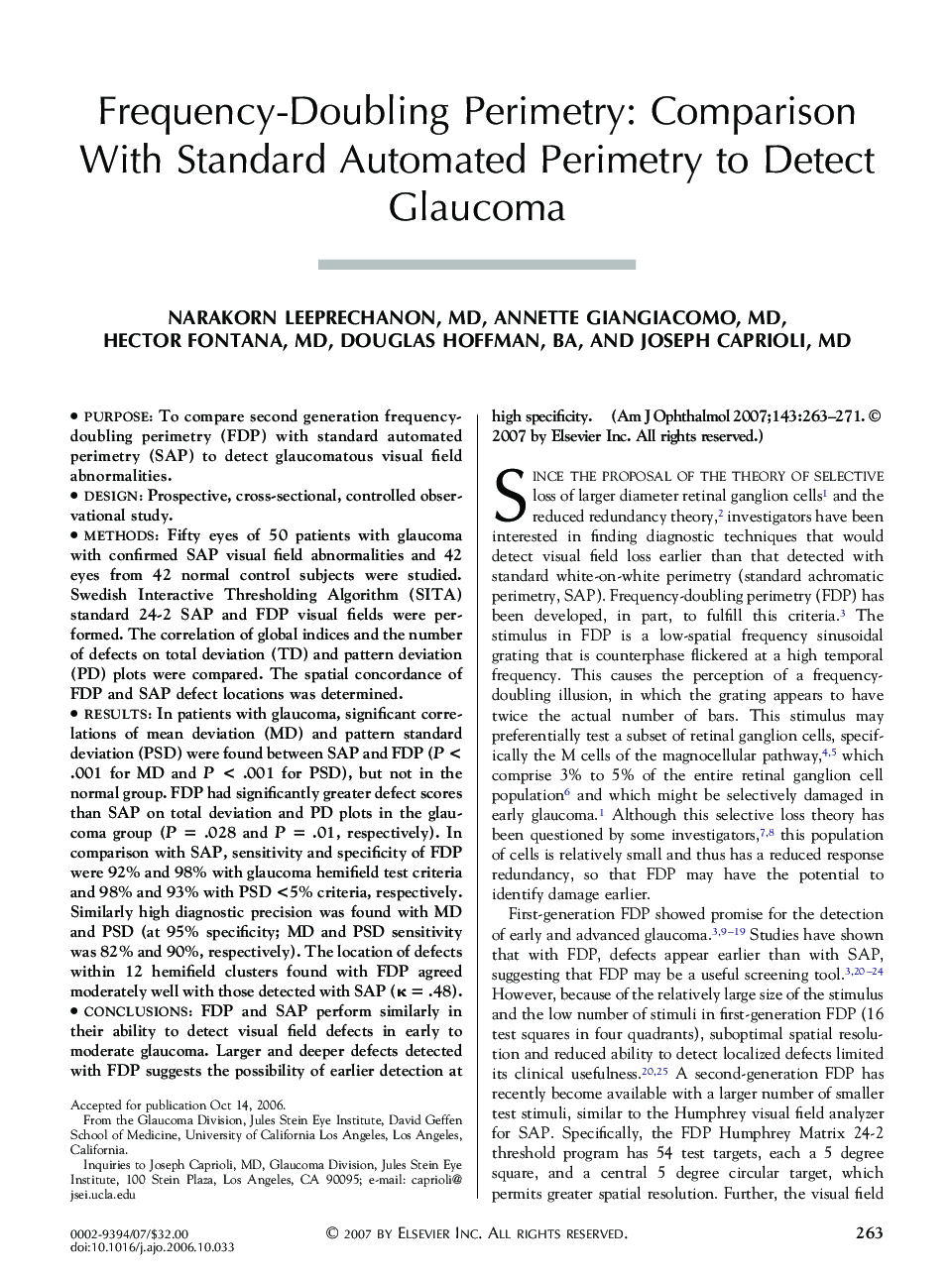 Frequency-Doubling Perimetry: Comparison With Standard Automated Perimetry to Detect Glaucoma